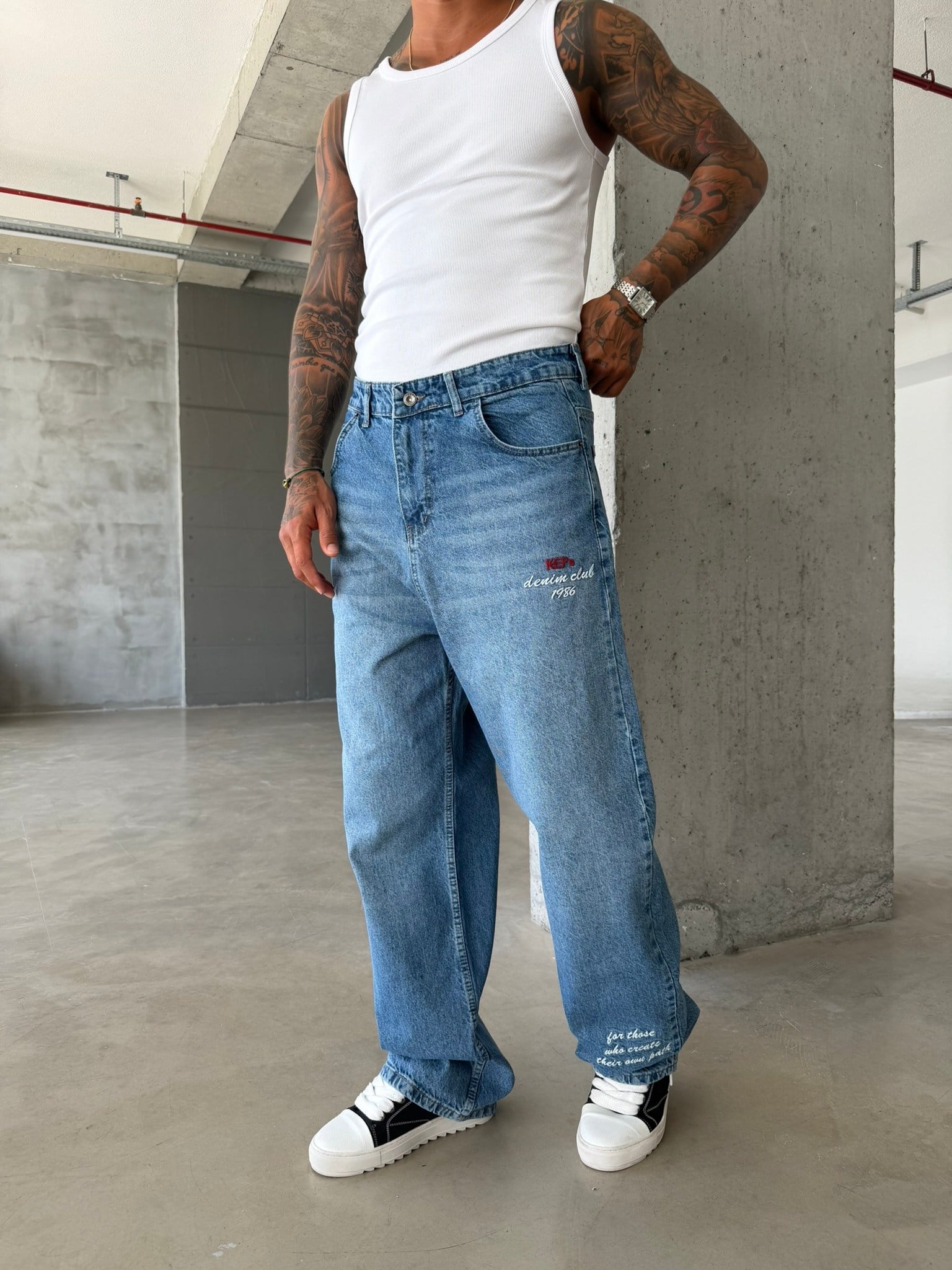 Premium Detaylı Nakış İşlemeli Baggy Pantolon - İndigo
