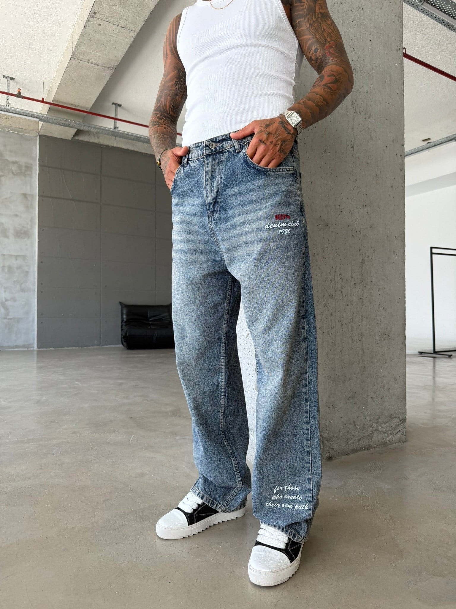 Premium Detaylı Nakış İşlemeli Baggy Pantolon - Mavi 