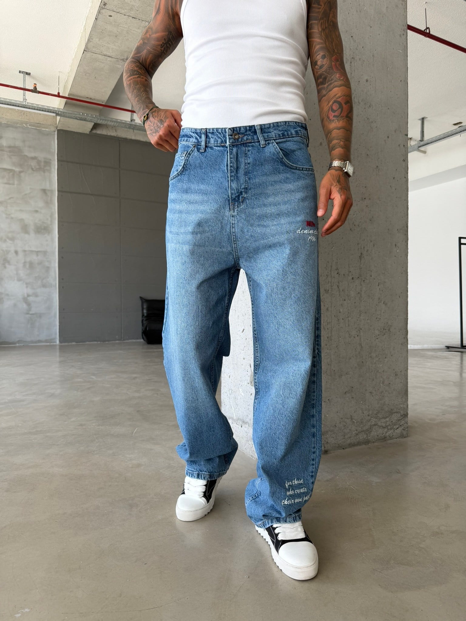 Premium Detaylı Nakış İşlemeli Baggy Pantolon - İndigo