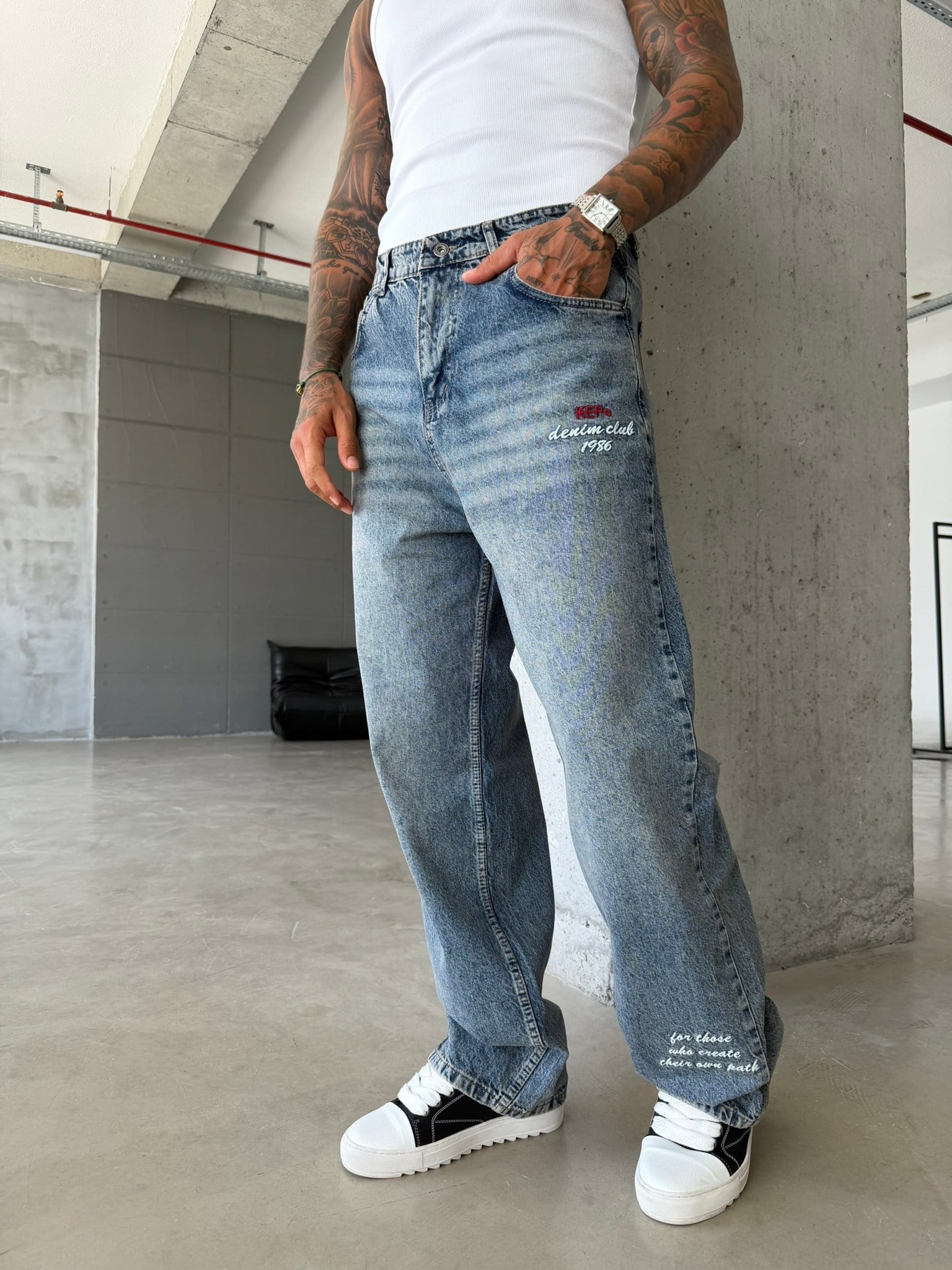 Premium Detaylı Nakış İşlemeli Baggy Pantolon - Mavi 
