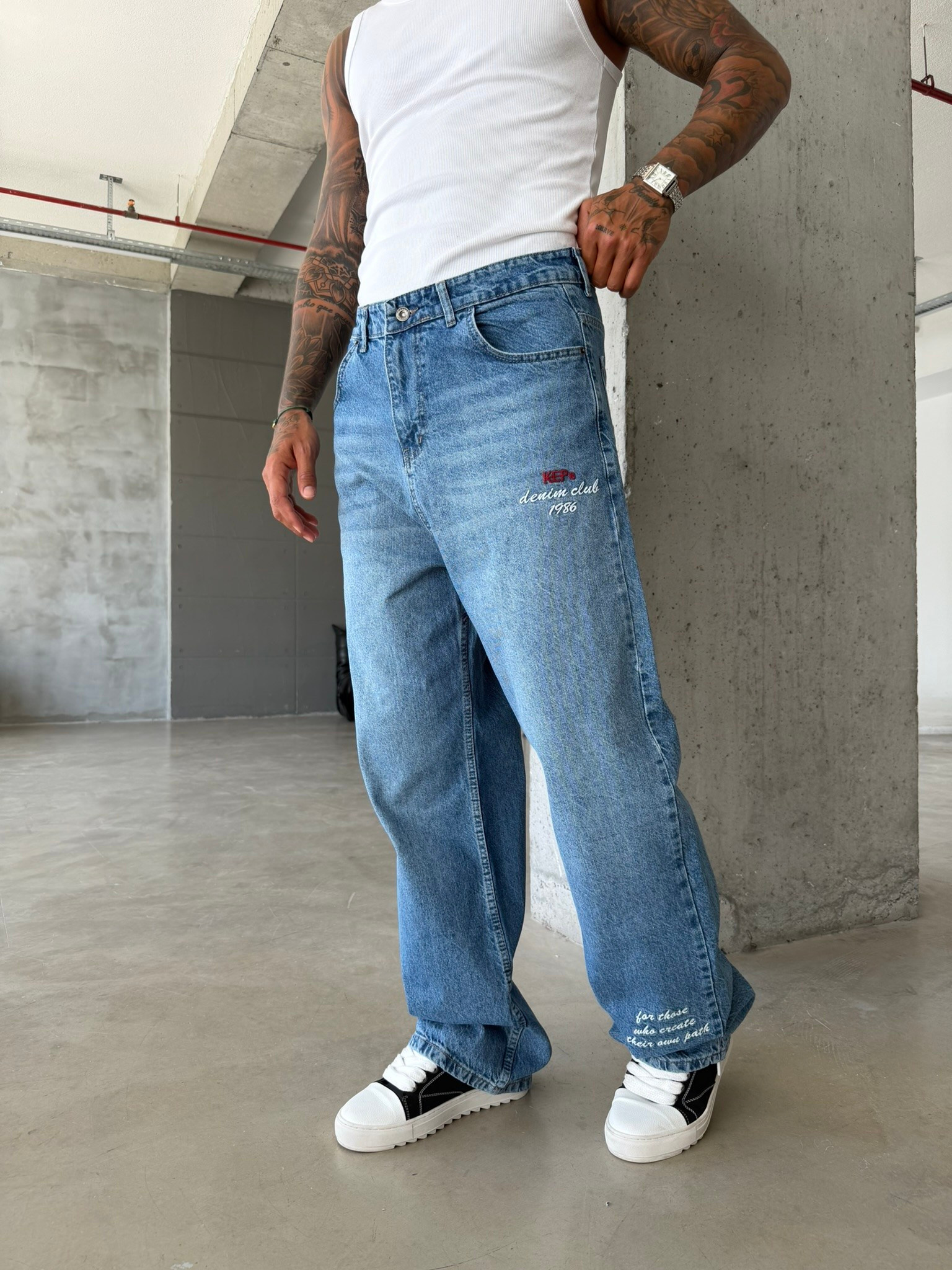 Premium Detaylı Nakış İşlemeli Baggy Pantolon - İndigo