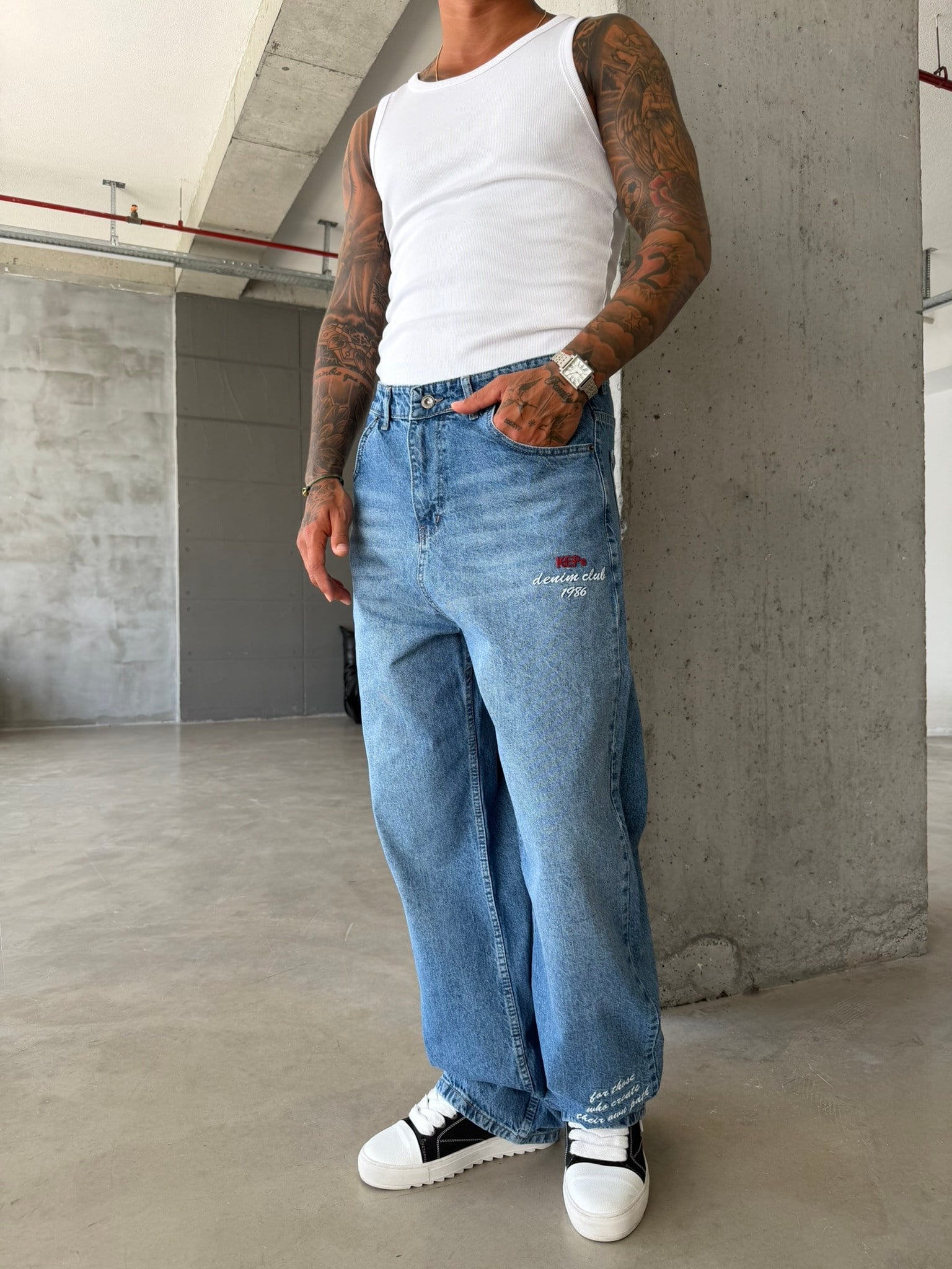 Premium Detaylı Nakış İşlemeli Baggy Pantolon - İndigo