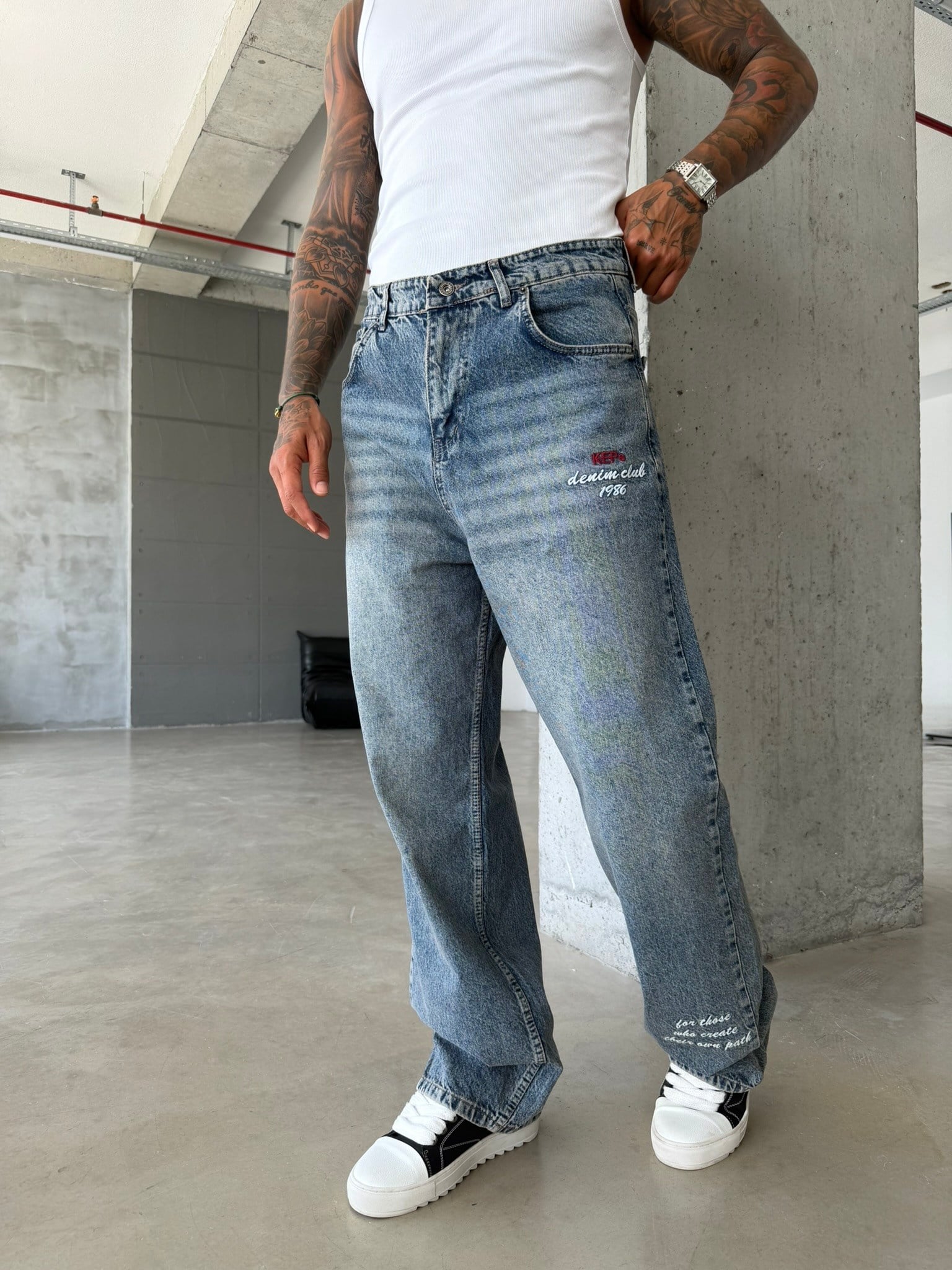 Premium Detaylı Nakış İşlemeli Baggy Pantolon - Mavi 