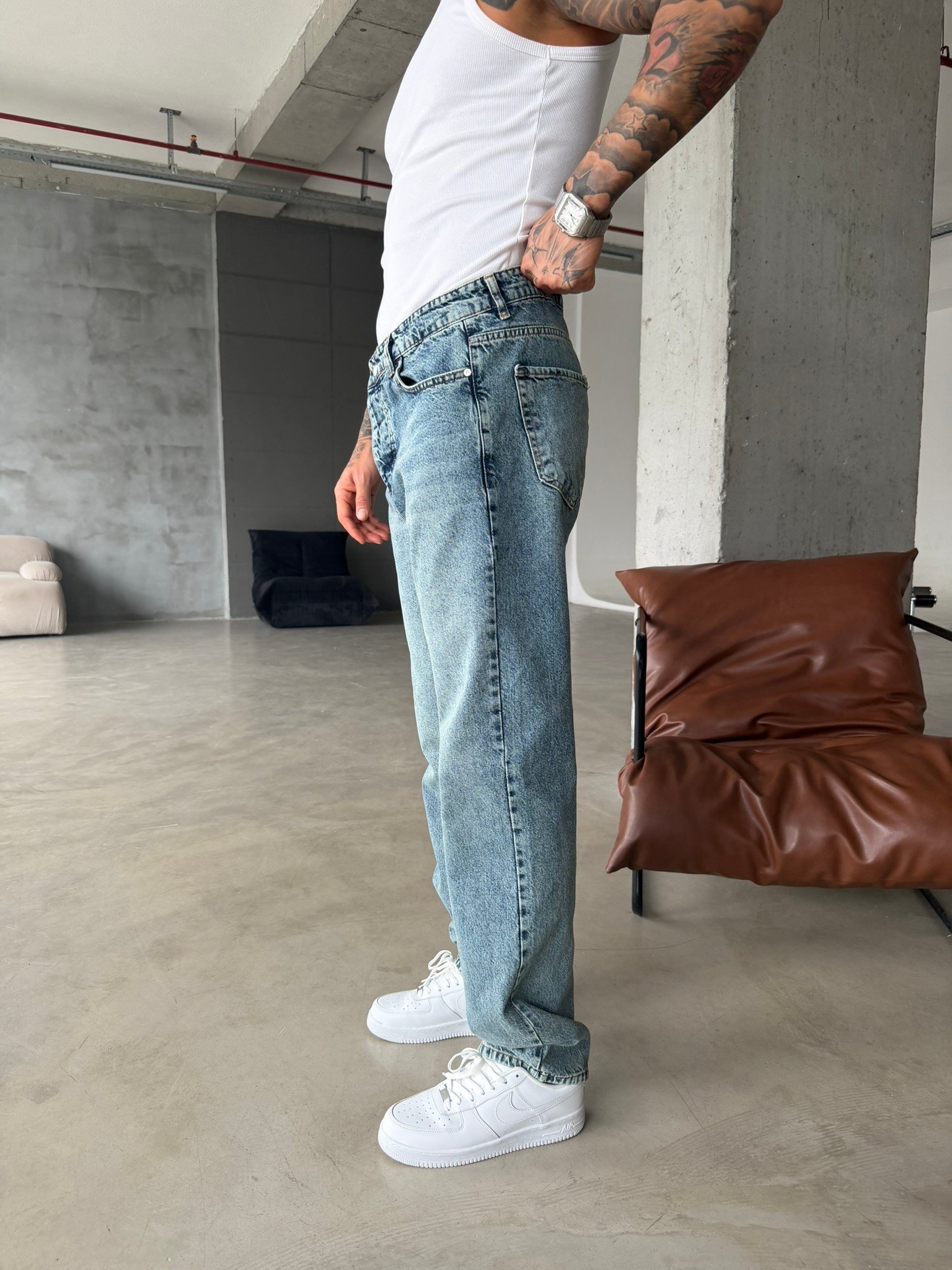 Premium Düz Basic Baggy Fit Pantolon - İndigo