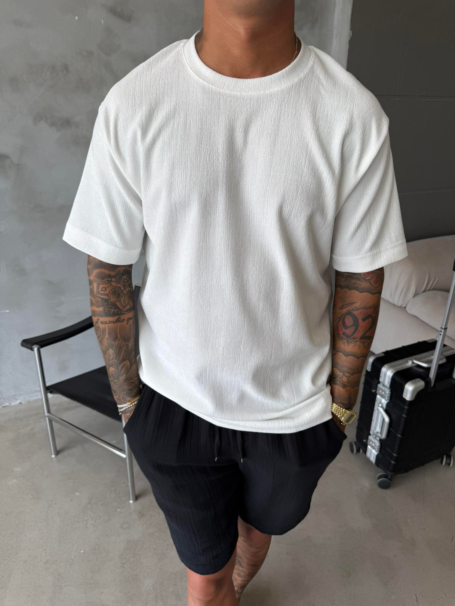 Premium Fitil Detaylı T-Shirt - Beyaz