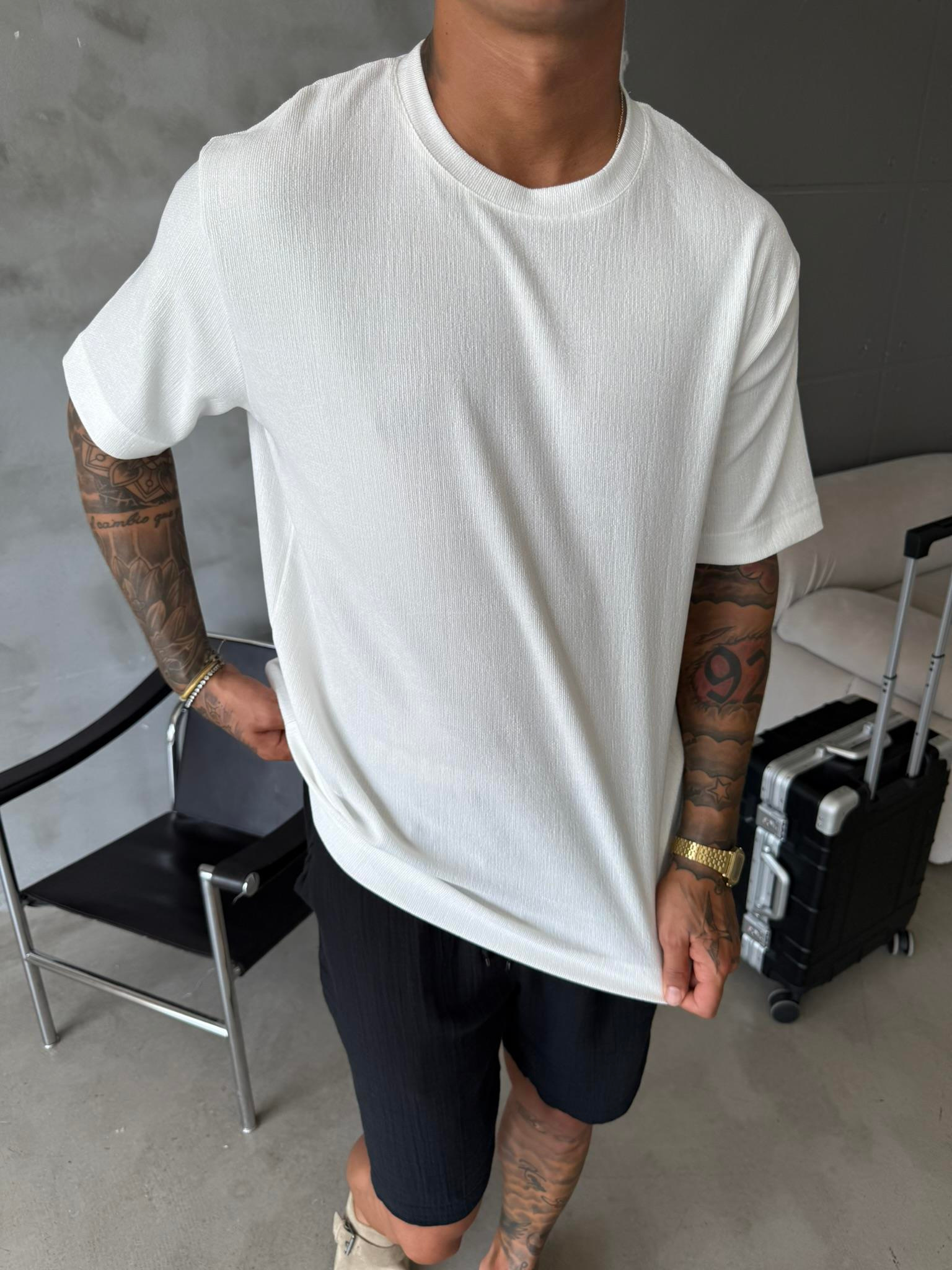 Premium Fitil Detaylı T-Shirt - Beyaz