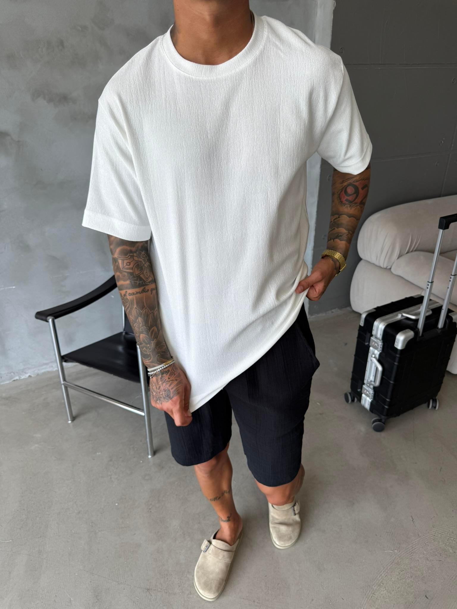 Premium Fitil Detaylı T-Shirt - Beyaz