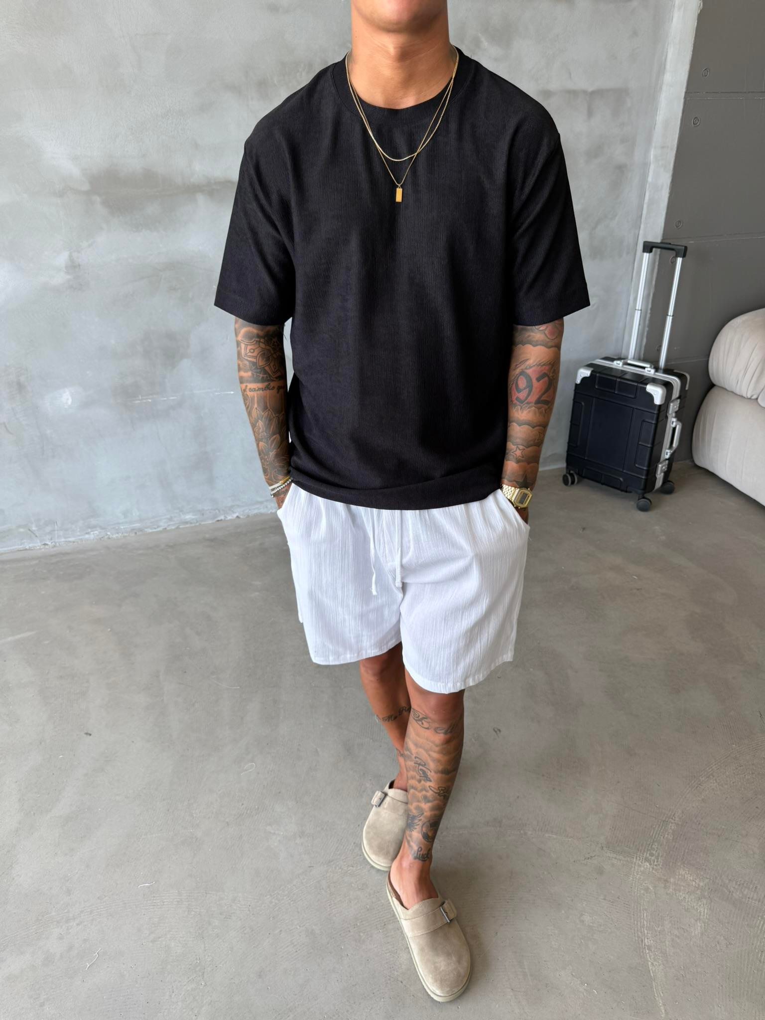 Premium Fitil Detaylı T-Shirt - Siyah