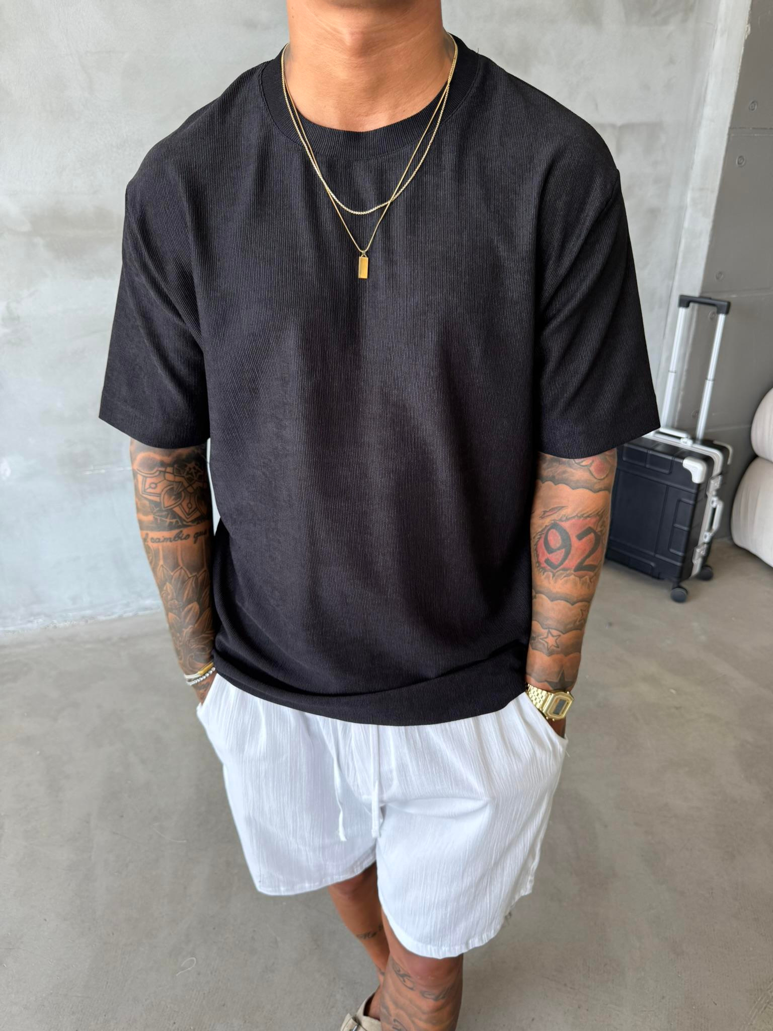 Premium Fitil Detaylı T-Shirt - Siyah