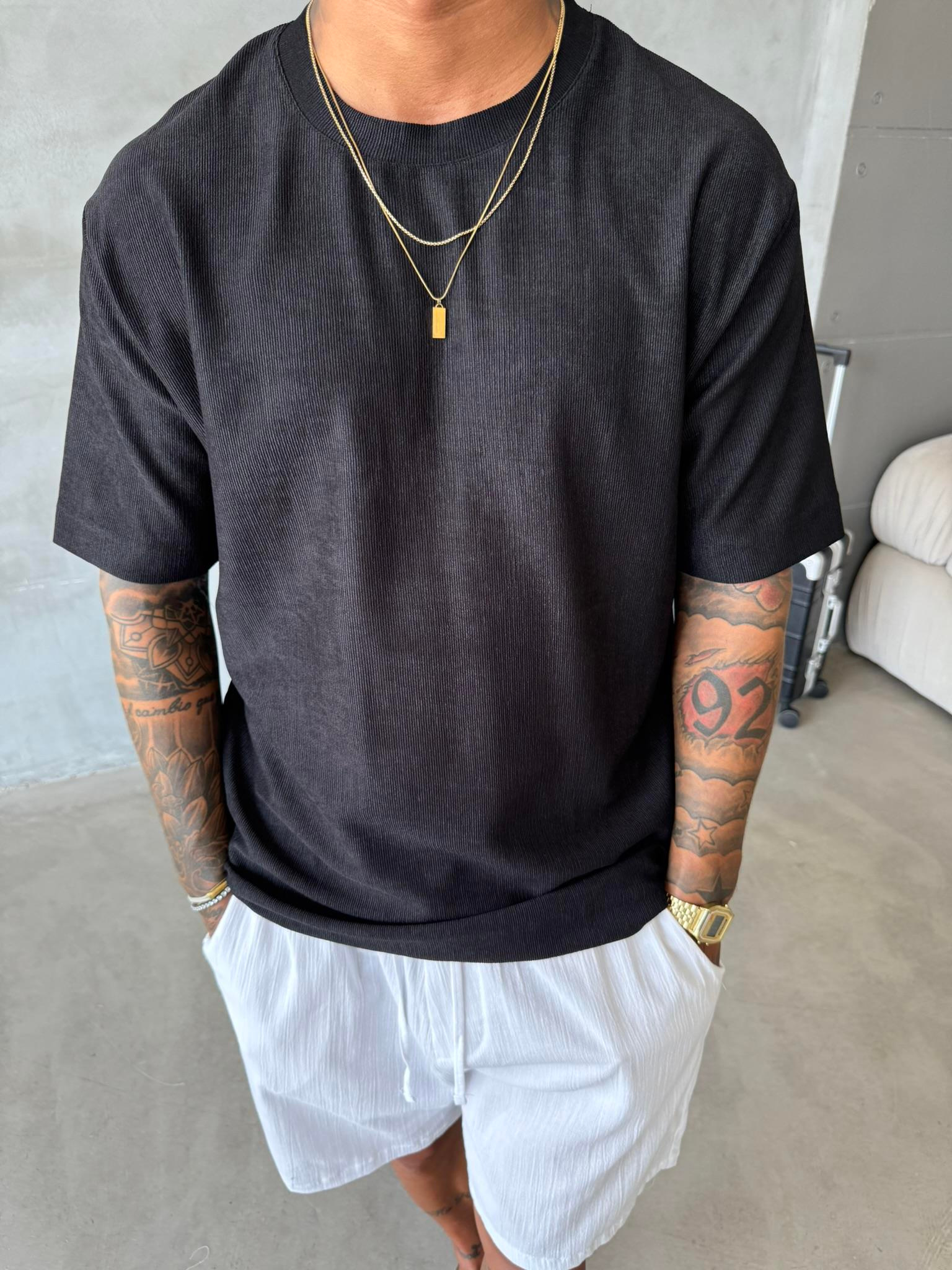 Premium Fitil Detaylı T-Shirt - Siyah