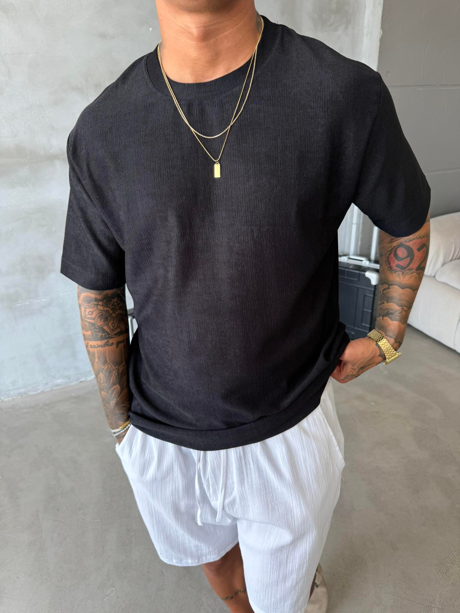 Premium Fitil Detaylı T-Shirt - Siyah