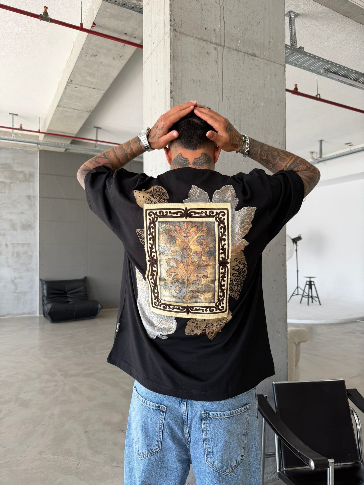 Premium İşleme Desening T-Shirt - Siyah