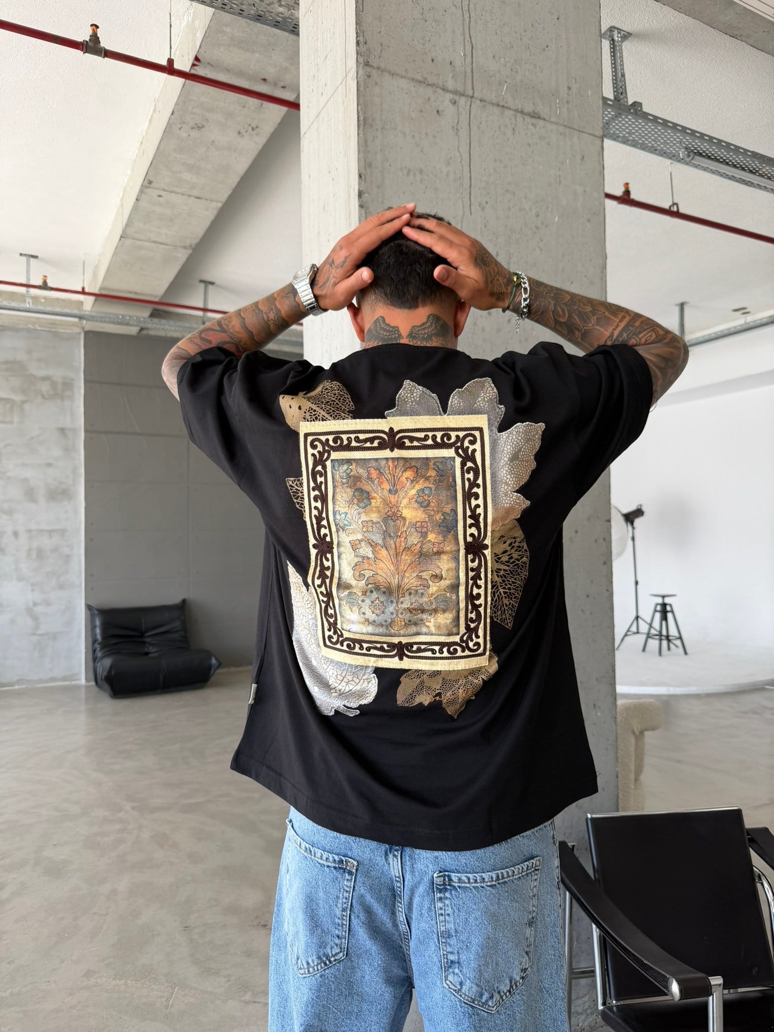 Premium İşleme Desening T-Shirt - Siyah