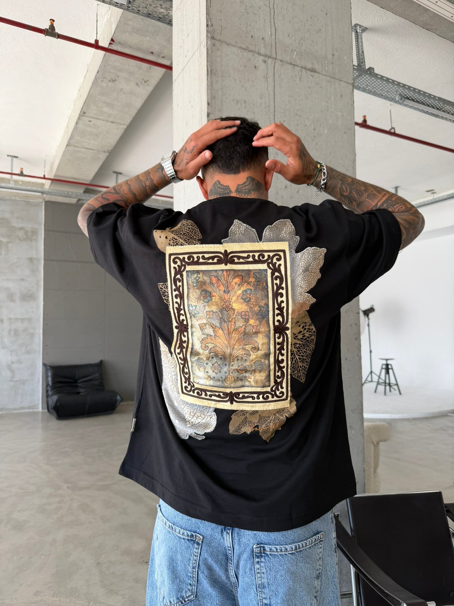 Premium İşleme Desening T-Shirt - Siyah