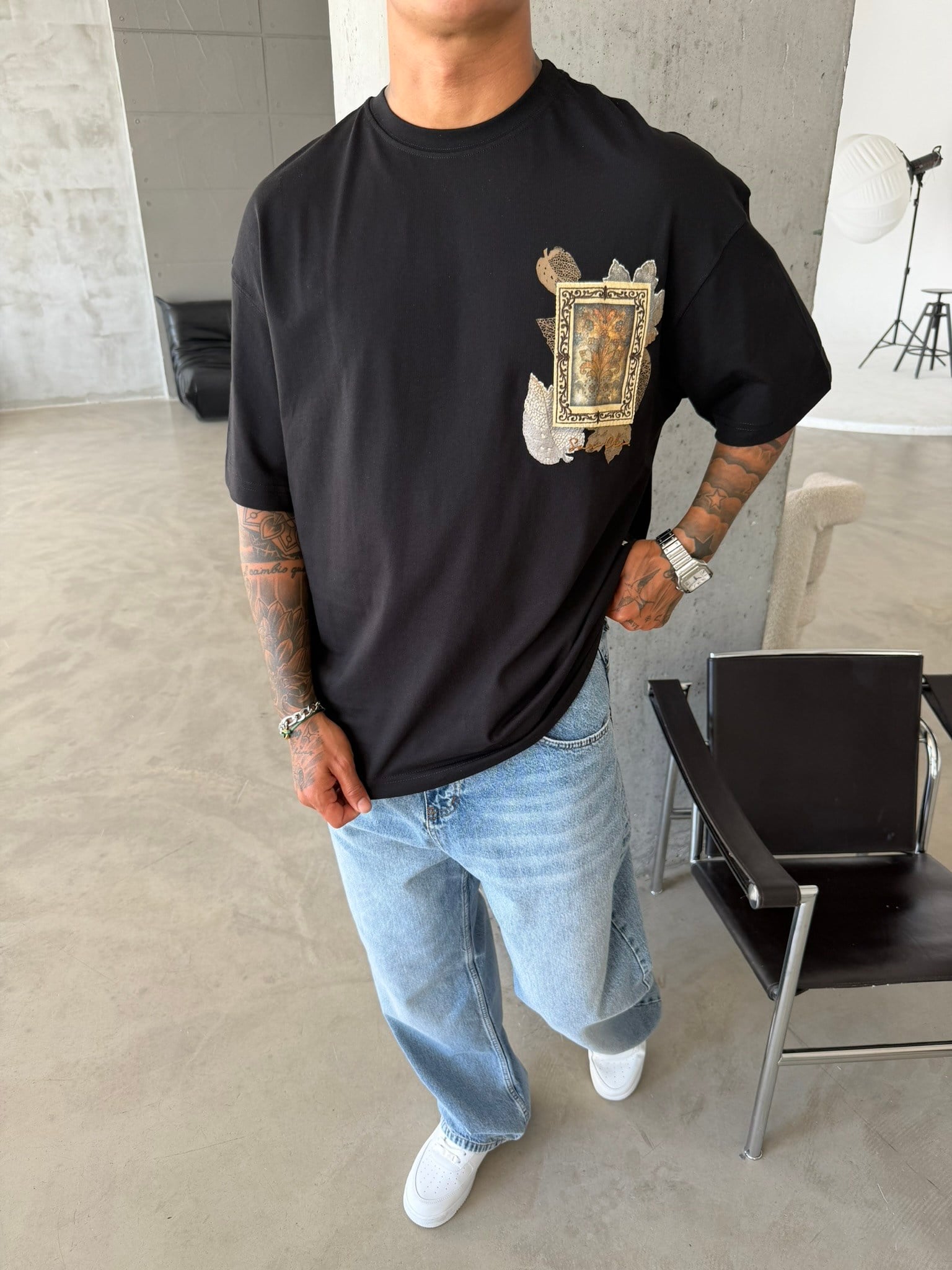 Premium İşleme Desening T-Shirt - Siyah