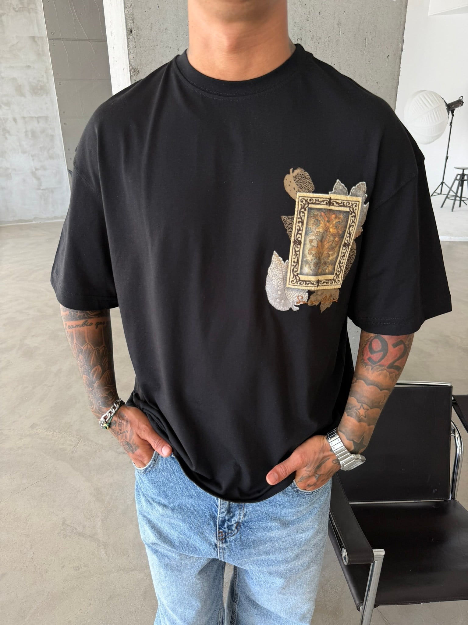Premium İşleme Desening T-Shirt - Siyah