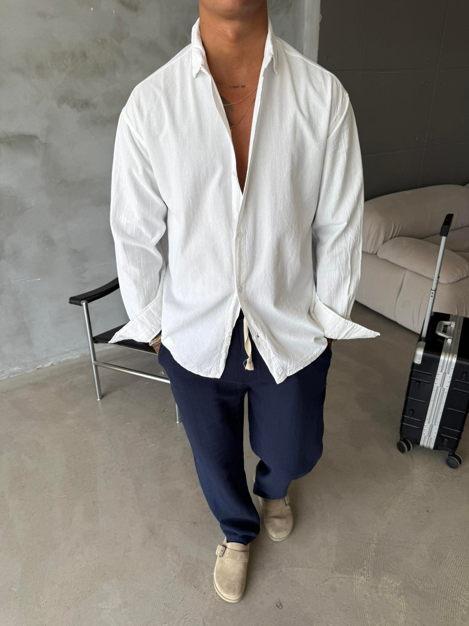 Premium Keten Gömlek Basic - Beyaz