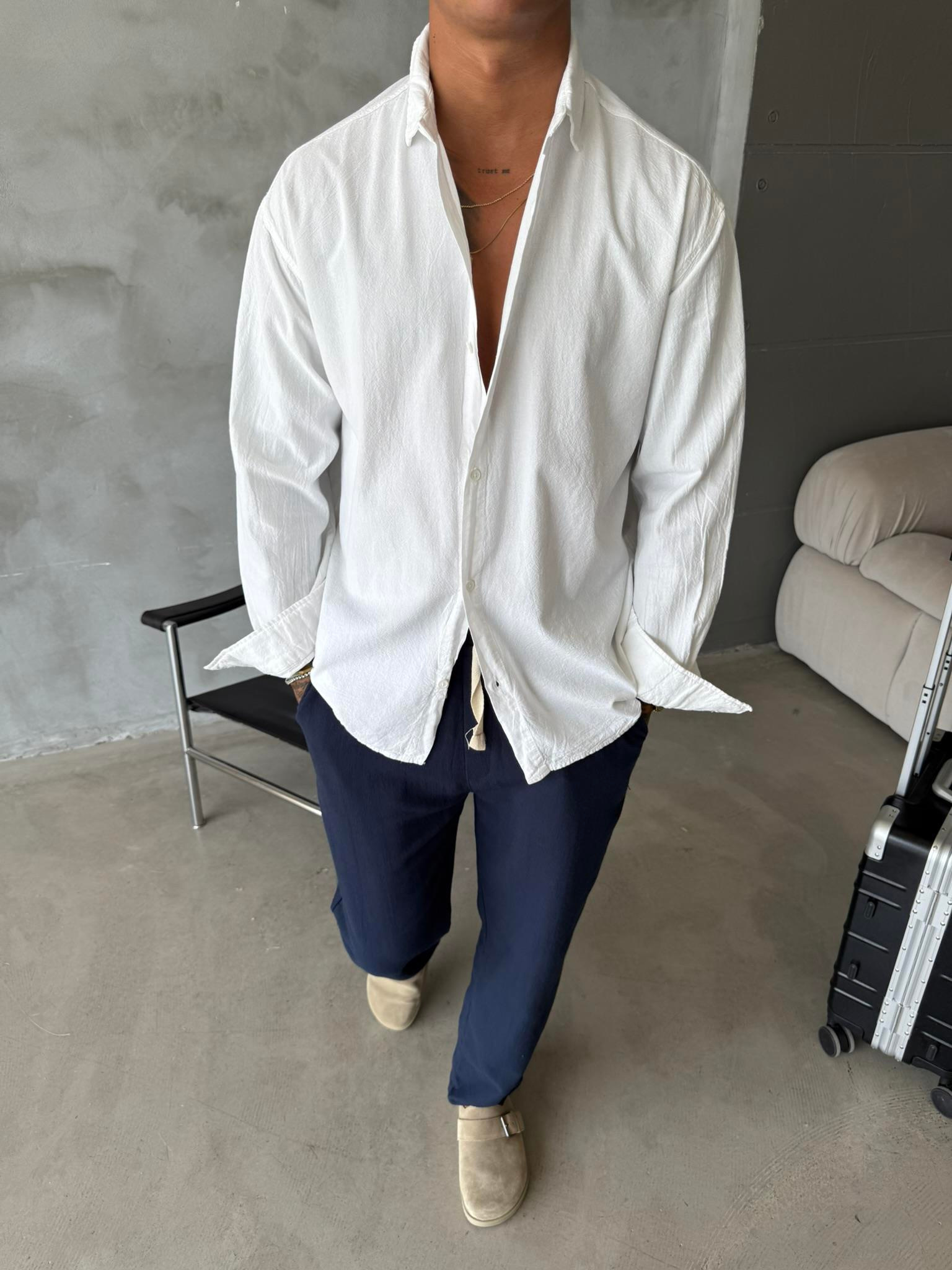 Premium Keten Gömlek Basic - Beyaz