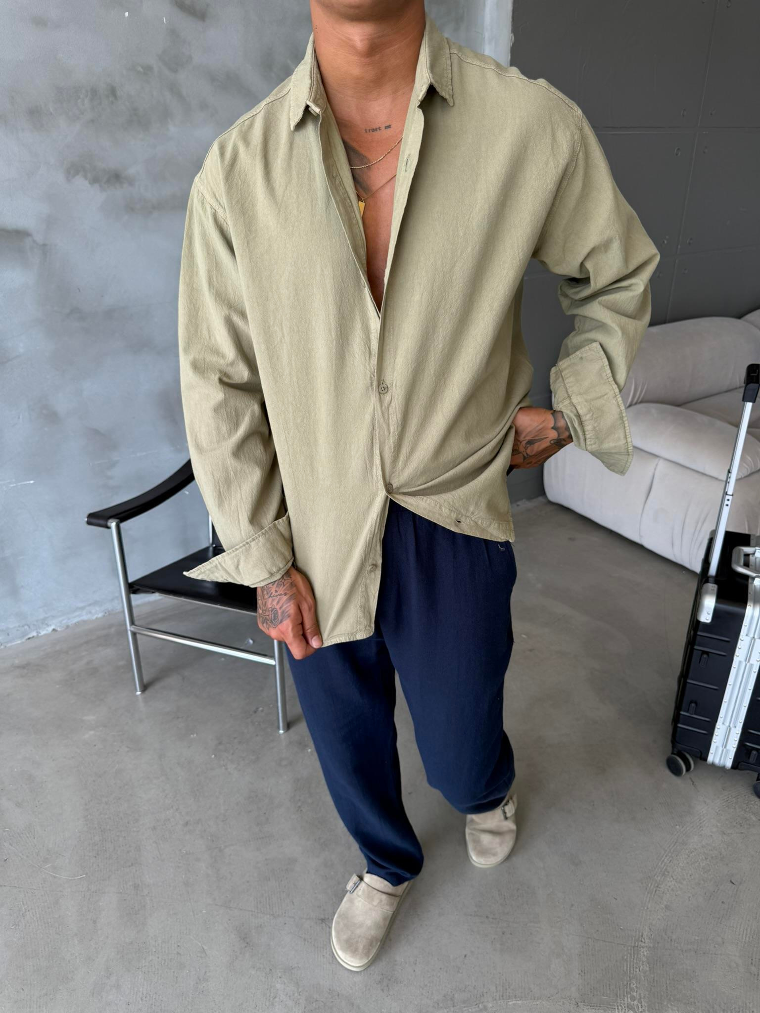 Premium Keten Gömlek Basic - Haki