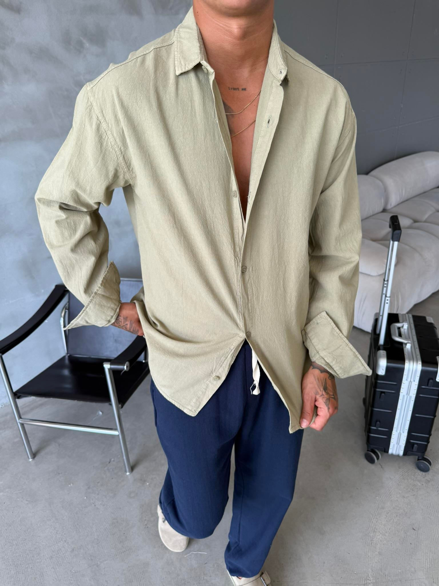 Premium Keten Gömlek Basic - Haki