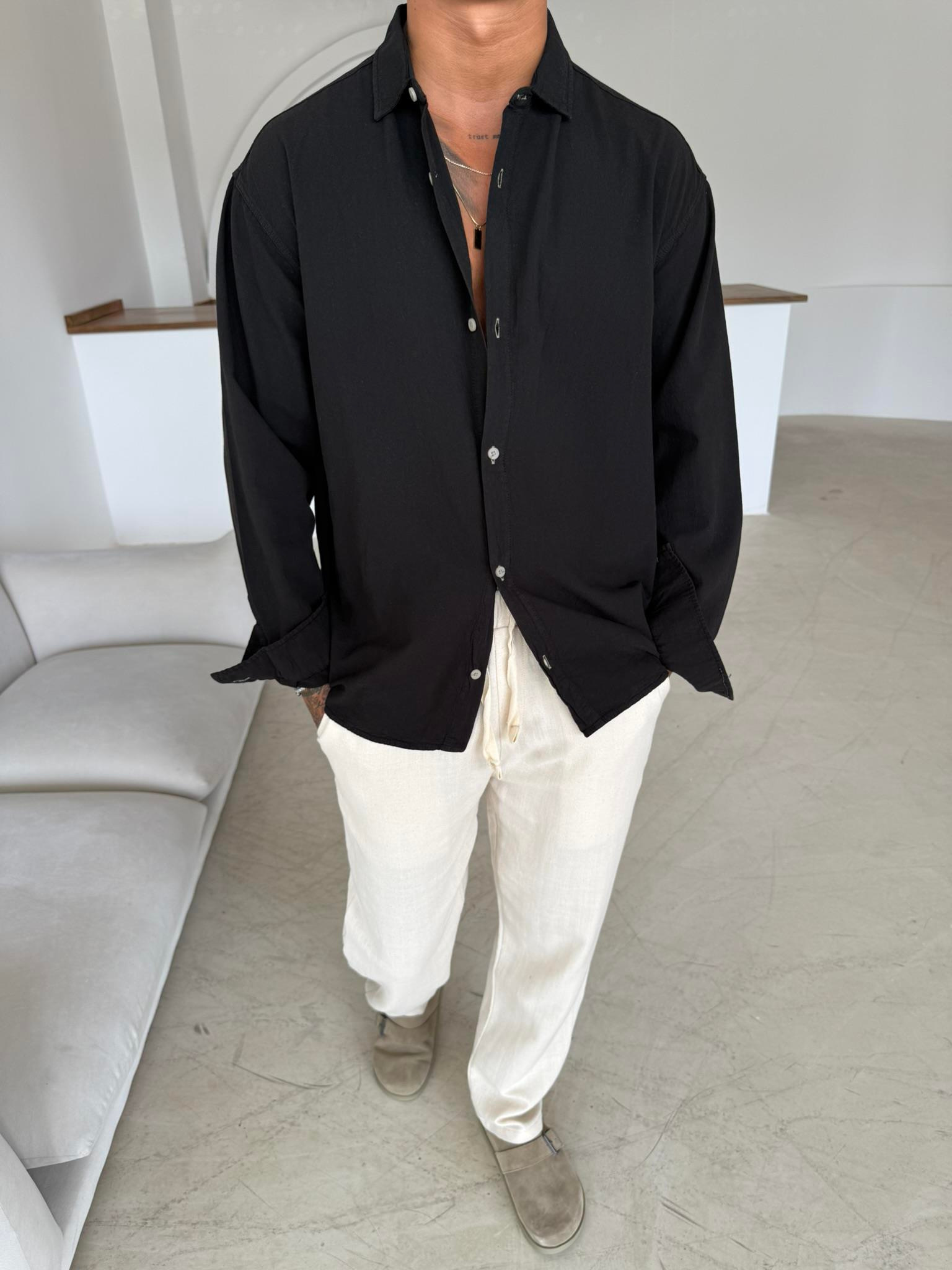 Premium Keten Gömlek Basic - Siyah