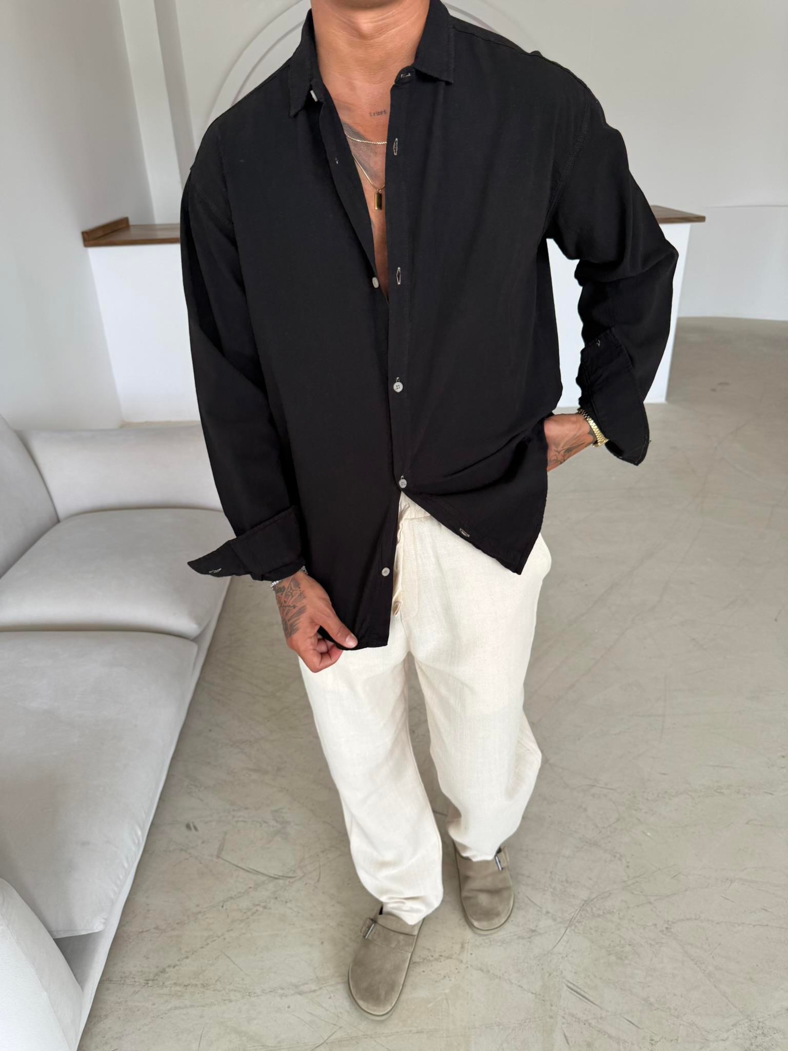 Premium Keten Gömlek Basic - Siyah