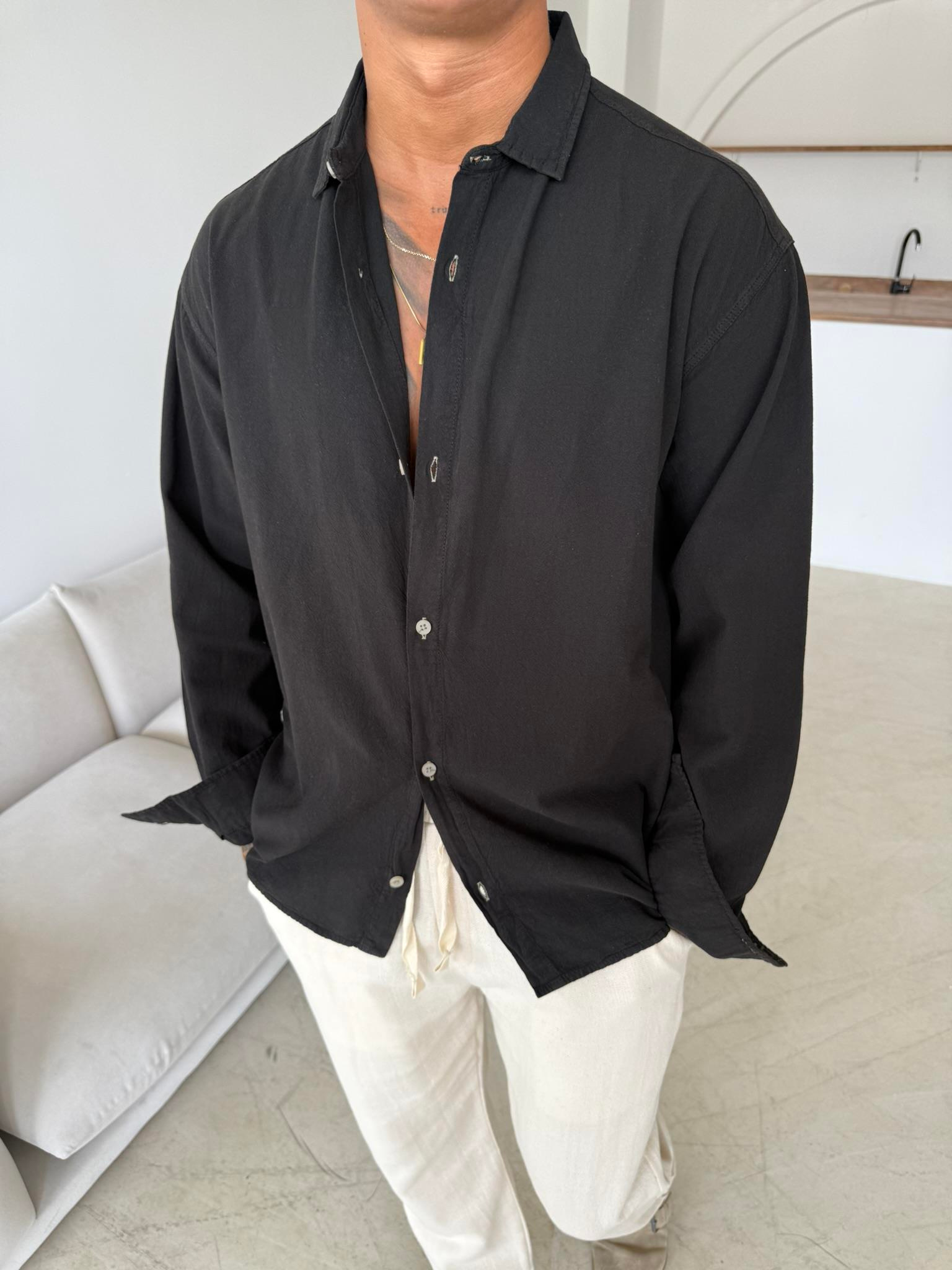Premium Keten Gömlek Basic - Siyah
