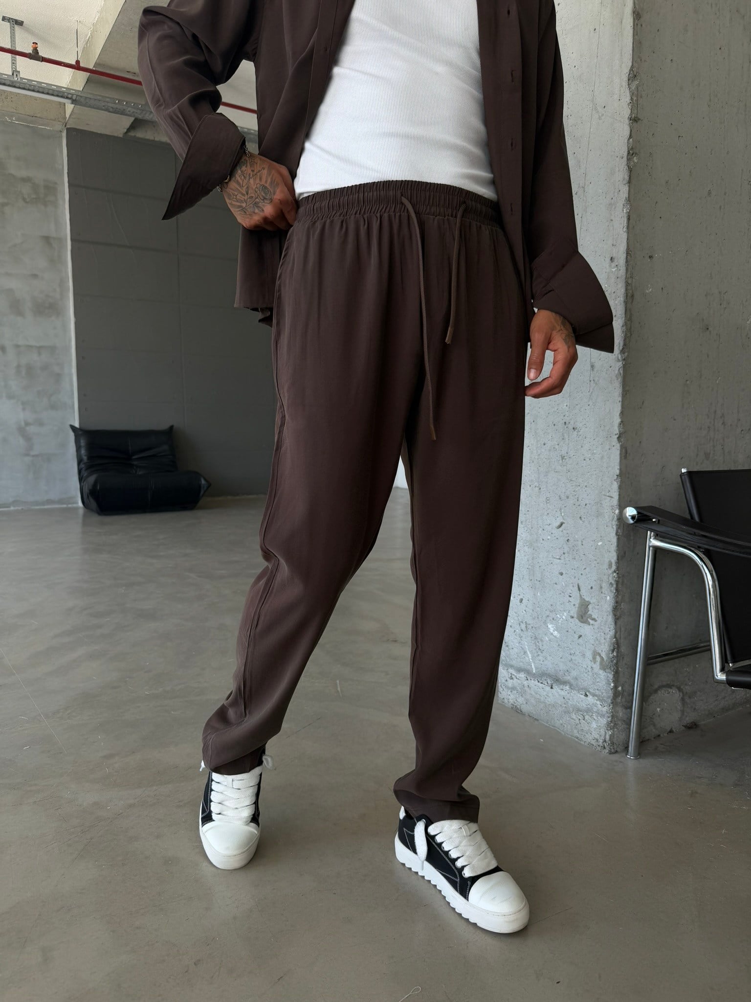Premium Modal Kumaş Gömlek Pantolon Takım - Kahve