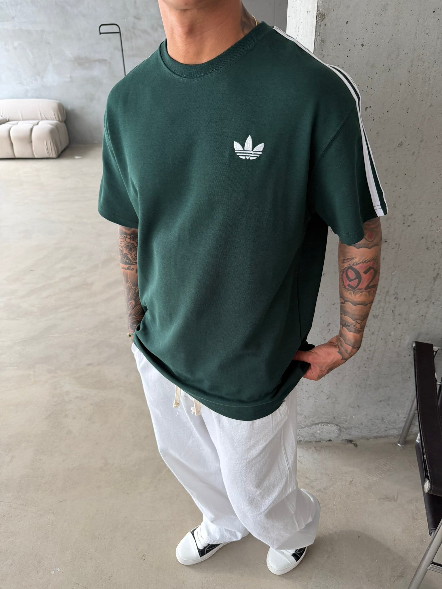 Premium Nakışlı Şeritli T-Shirt - Yeşil