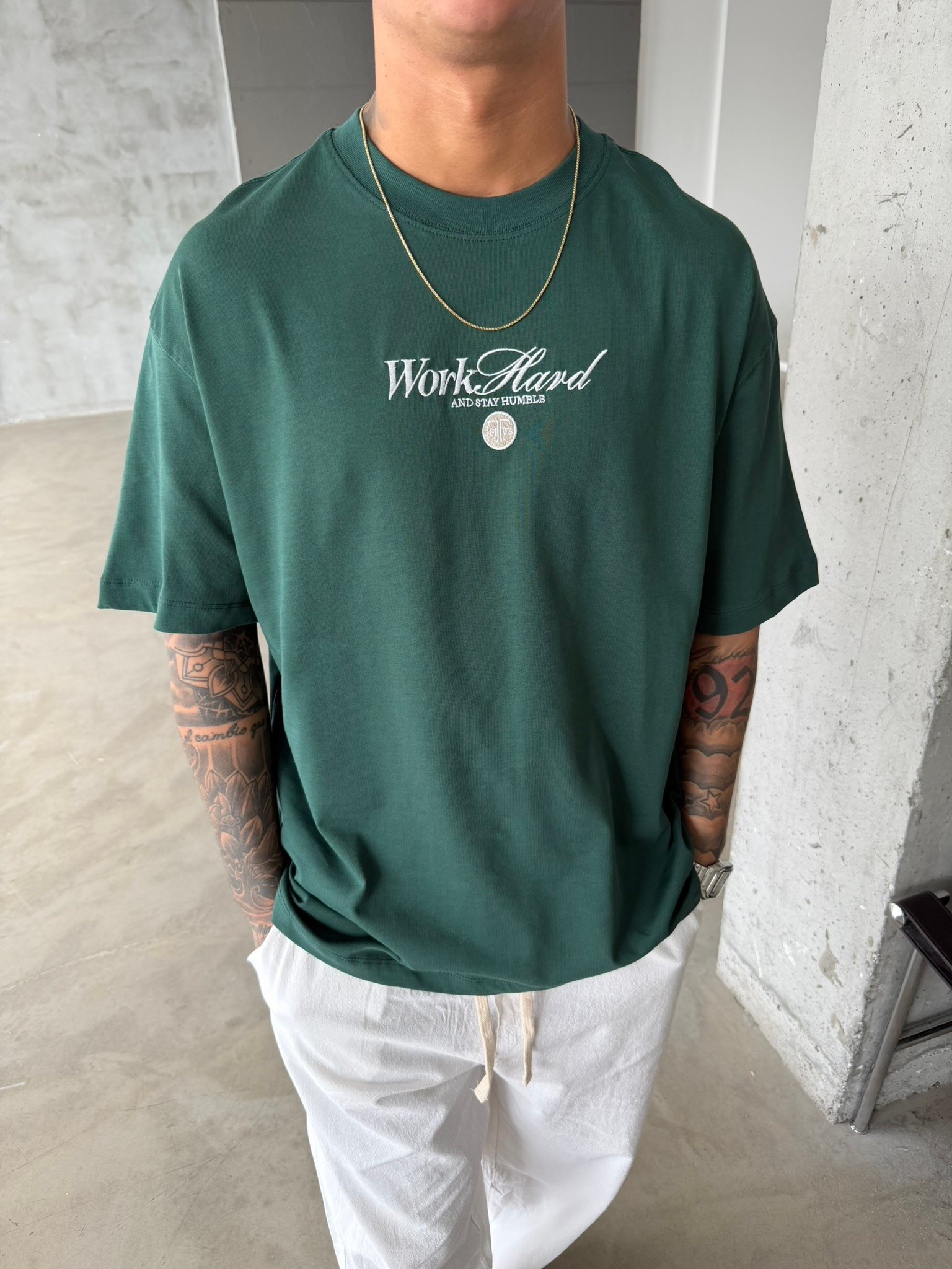 Premium Old Money Work Hard Nakışlı T-Shirt - Yeşil