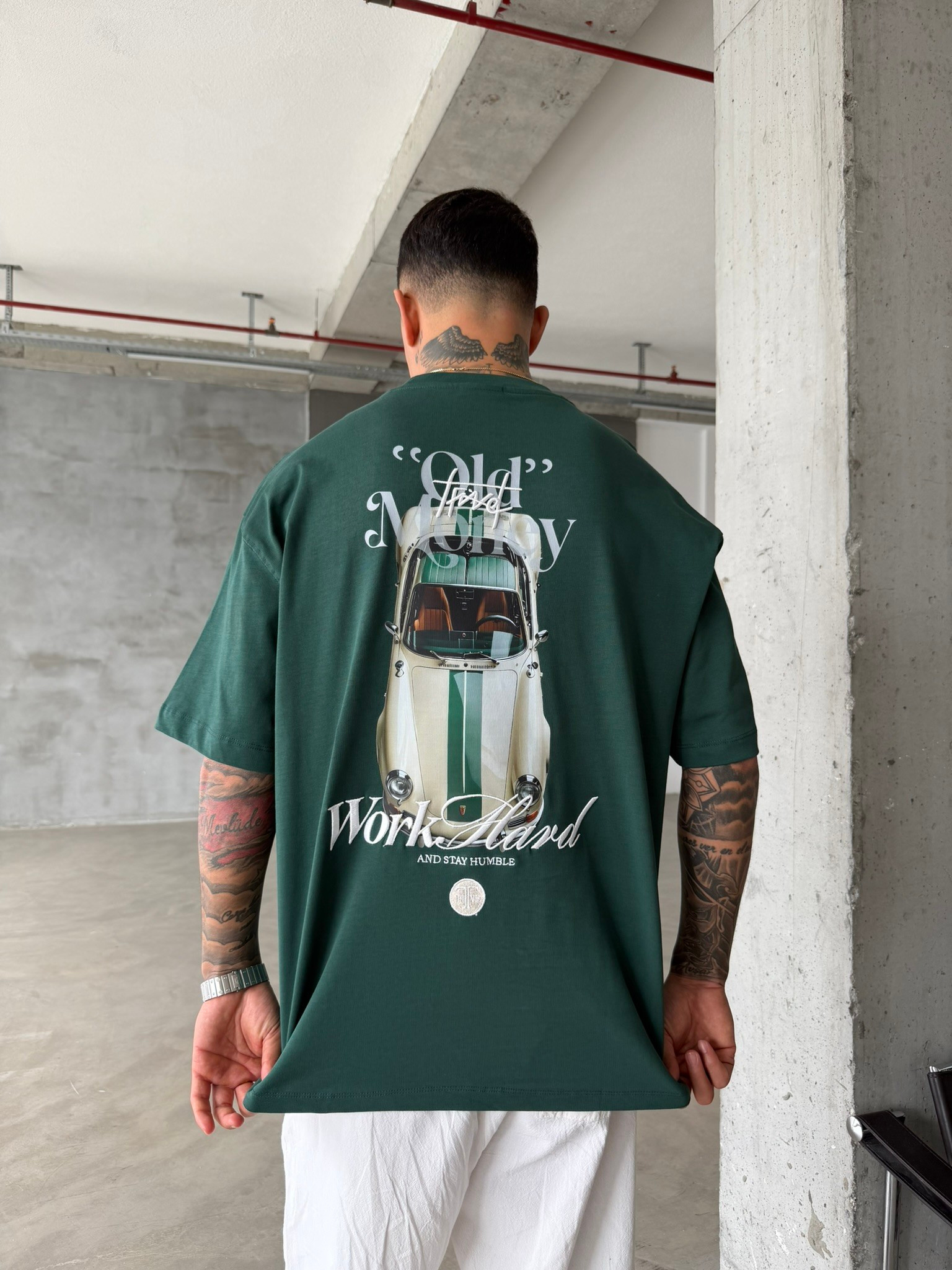 Premium Old Money Work Hard Nakışlı T-Shirt - Yeşil