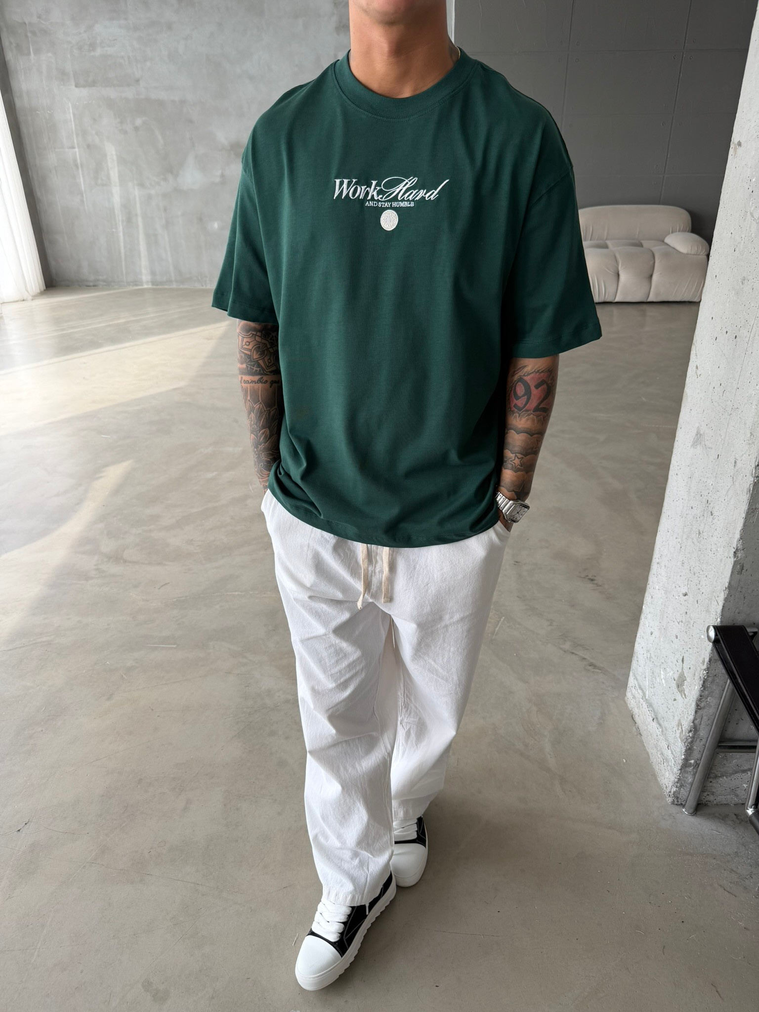 Premium Old Money Work Hard Nakışlı T-Shirt - Yeşil