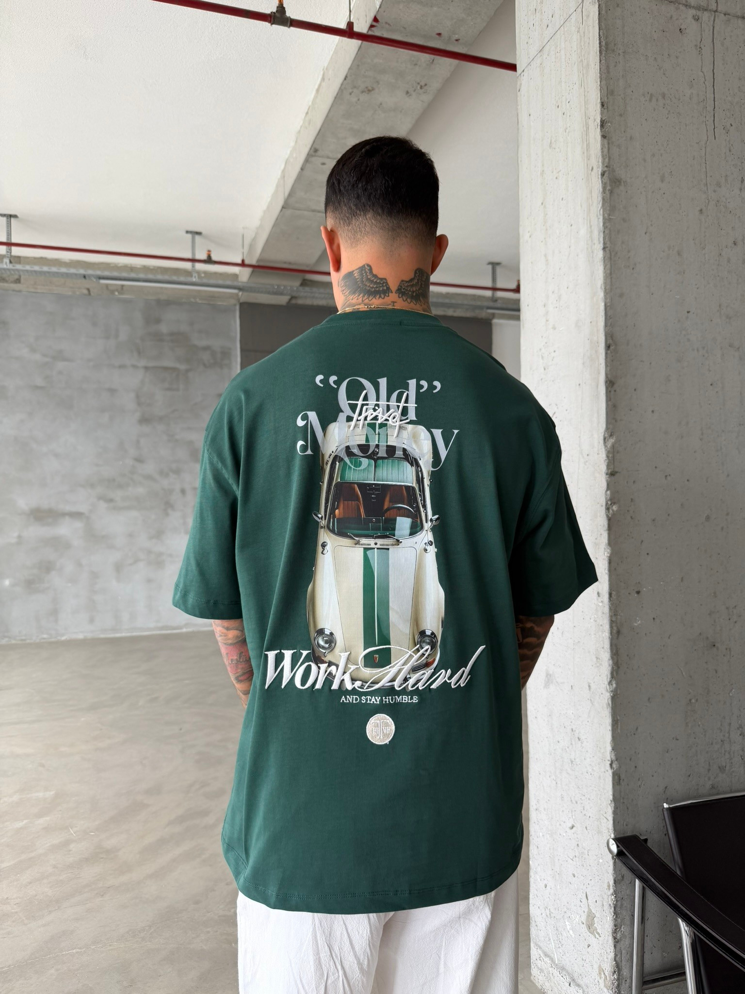 Premium Old Money Work Hard Nakışlı T-Shirt - Yeşil