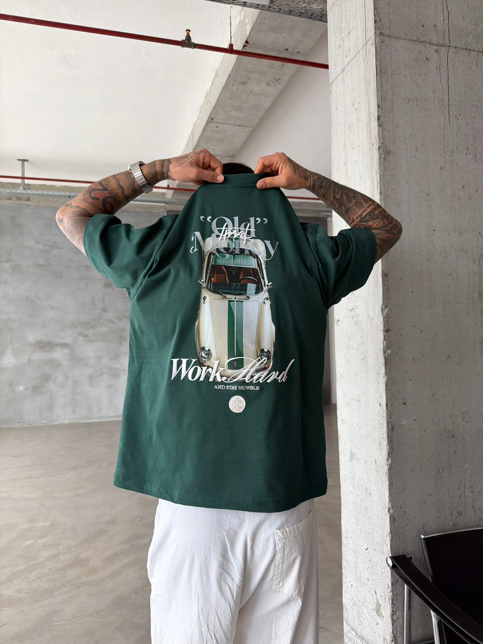 Premium Old Money Work Hard Nakışlı T-Shirt - Yeşil