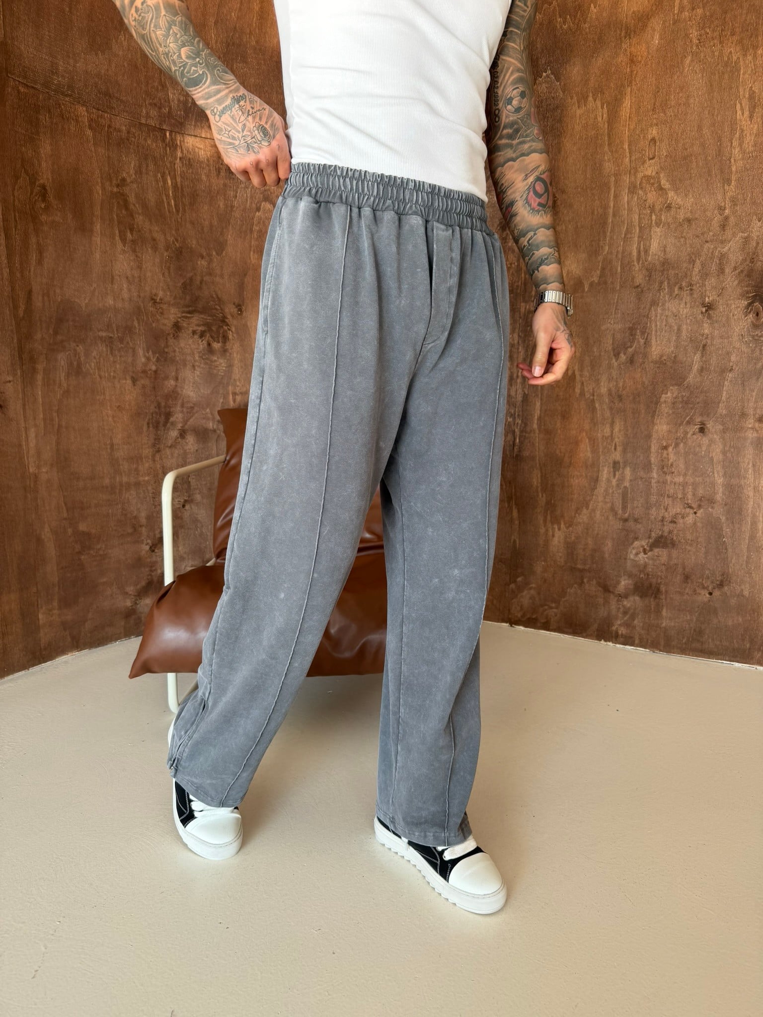 Premium Paça Fermuarlı Yıkamalı Baggy Eşofman - Füme