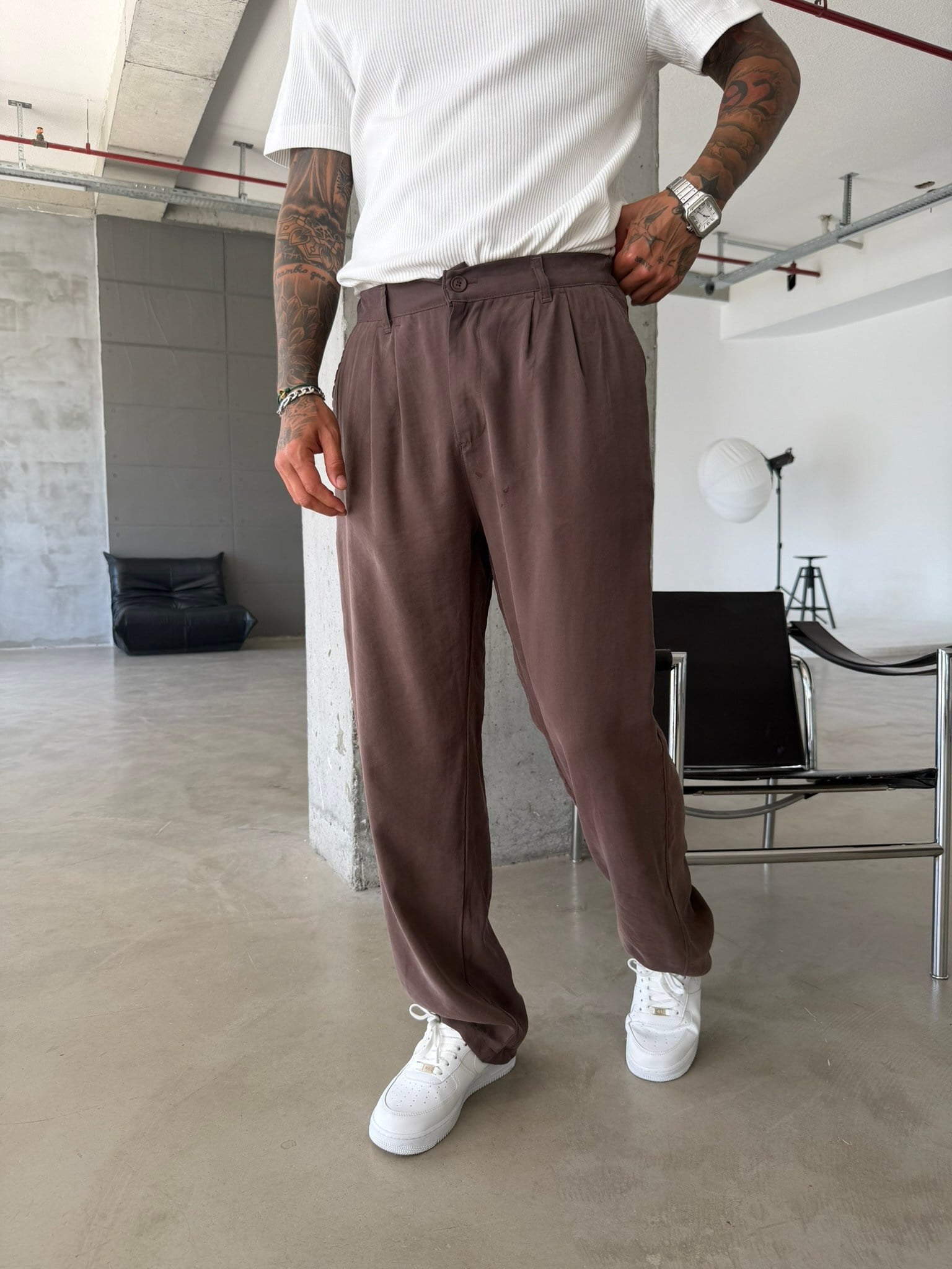 Premium Pileli Modal Kumaş Pantolon - Kahve