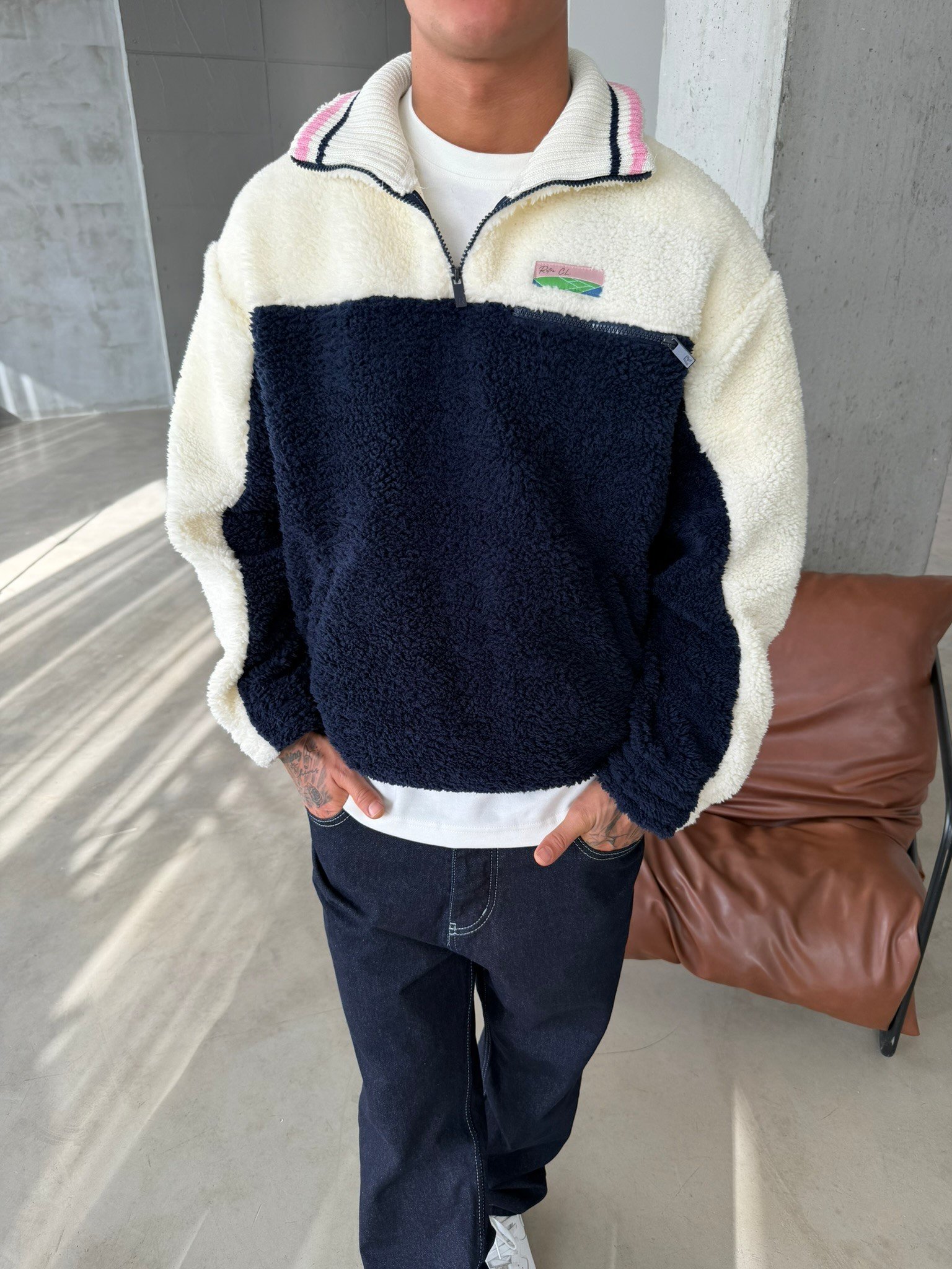 Premium Retro Peluş  Zip Sweat - Lacivert