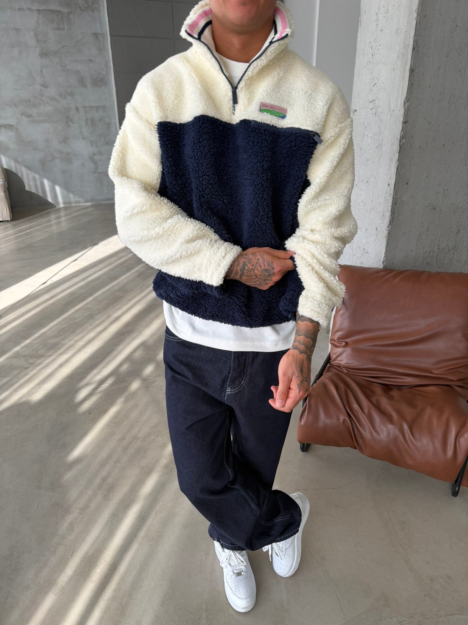 Premium Retro Peluş  Zip Sweat - Lacivert