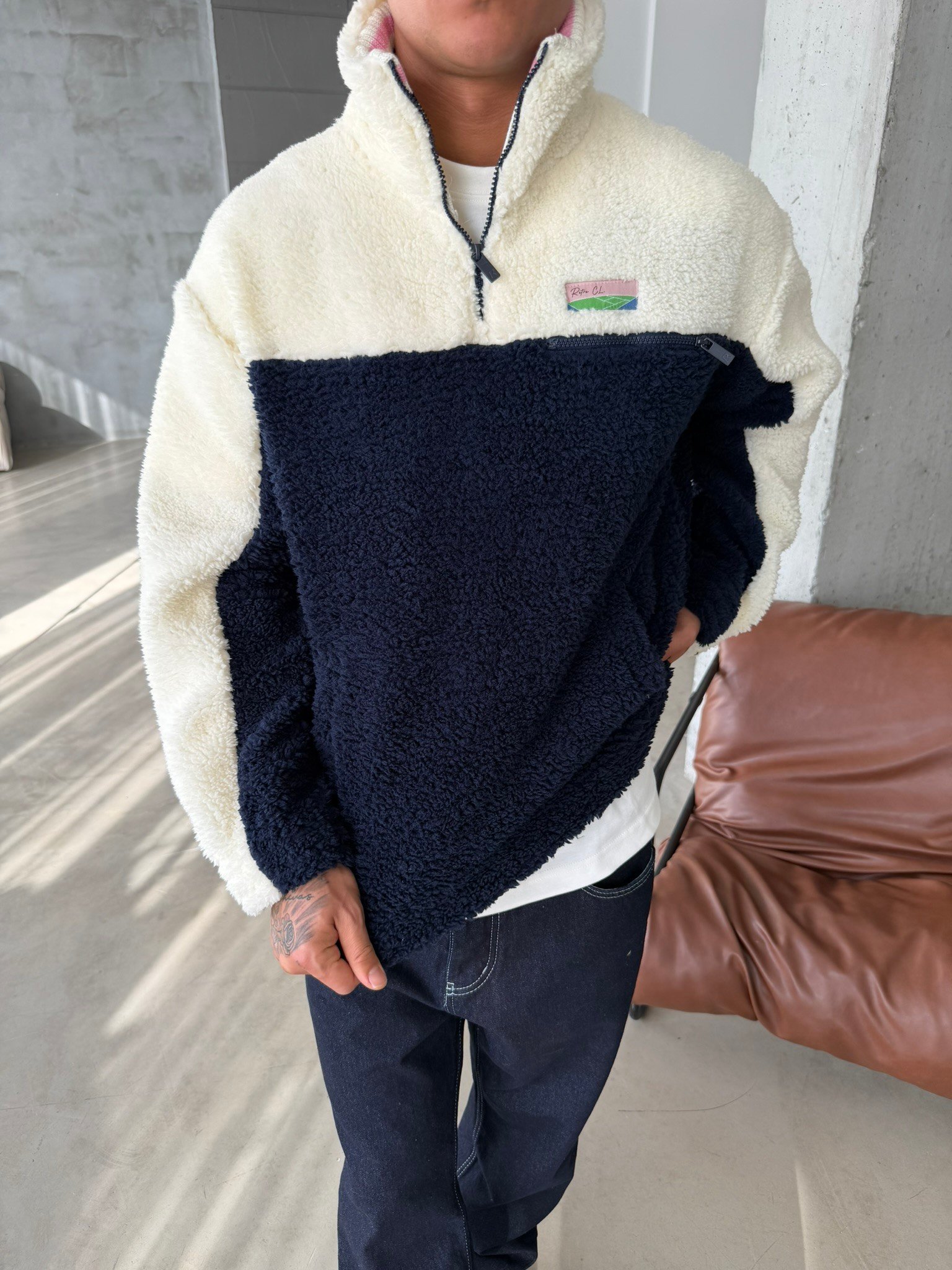 Premium Retro Peluş  Zip Sweat - Lacivert