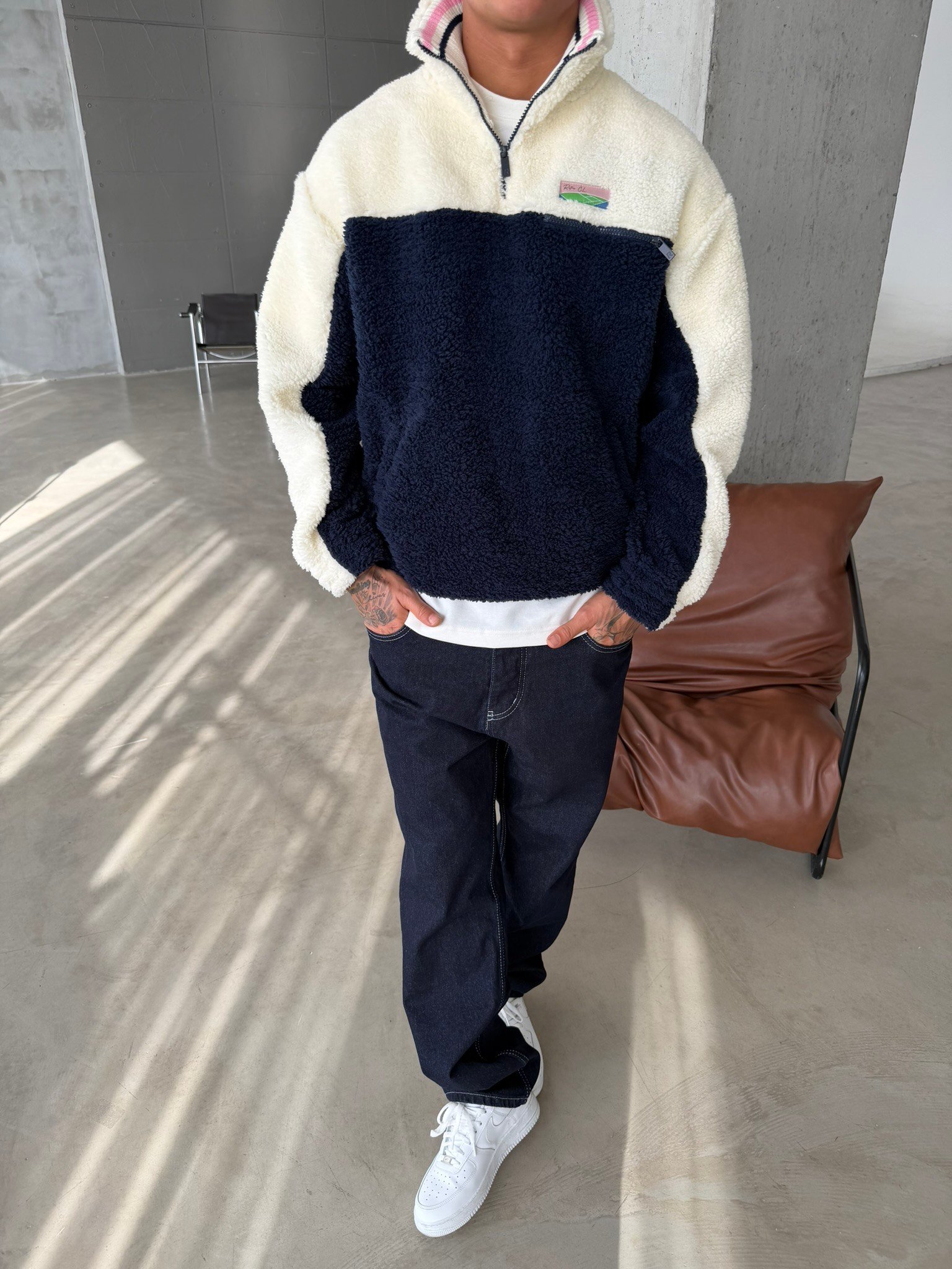 Premium Retro Peluş  Zip Sweat - Lacivert