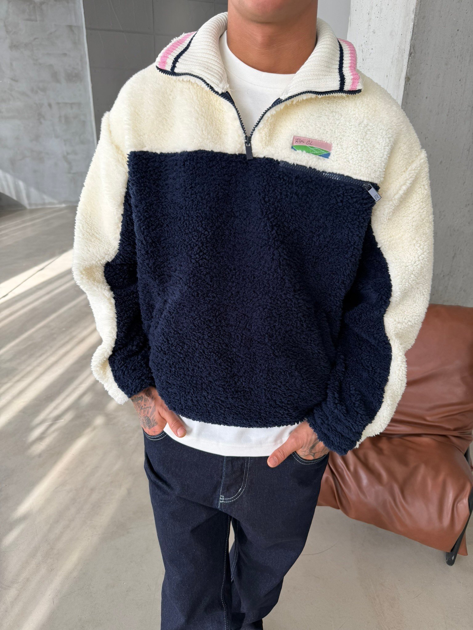 Premium Retro Peluş  Zip Sweat - Lacivert
