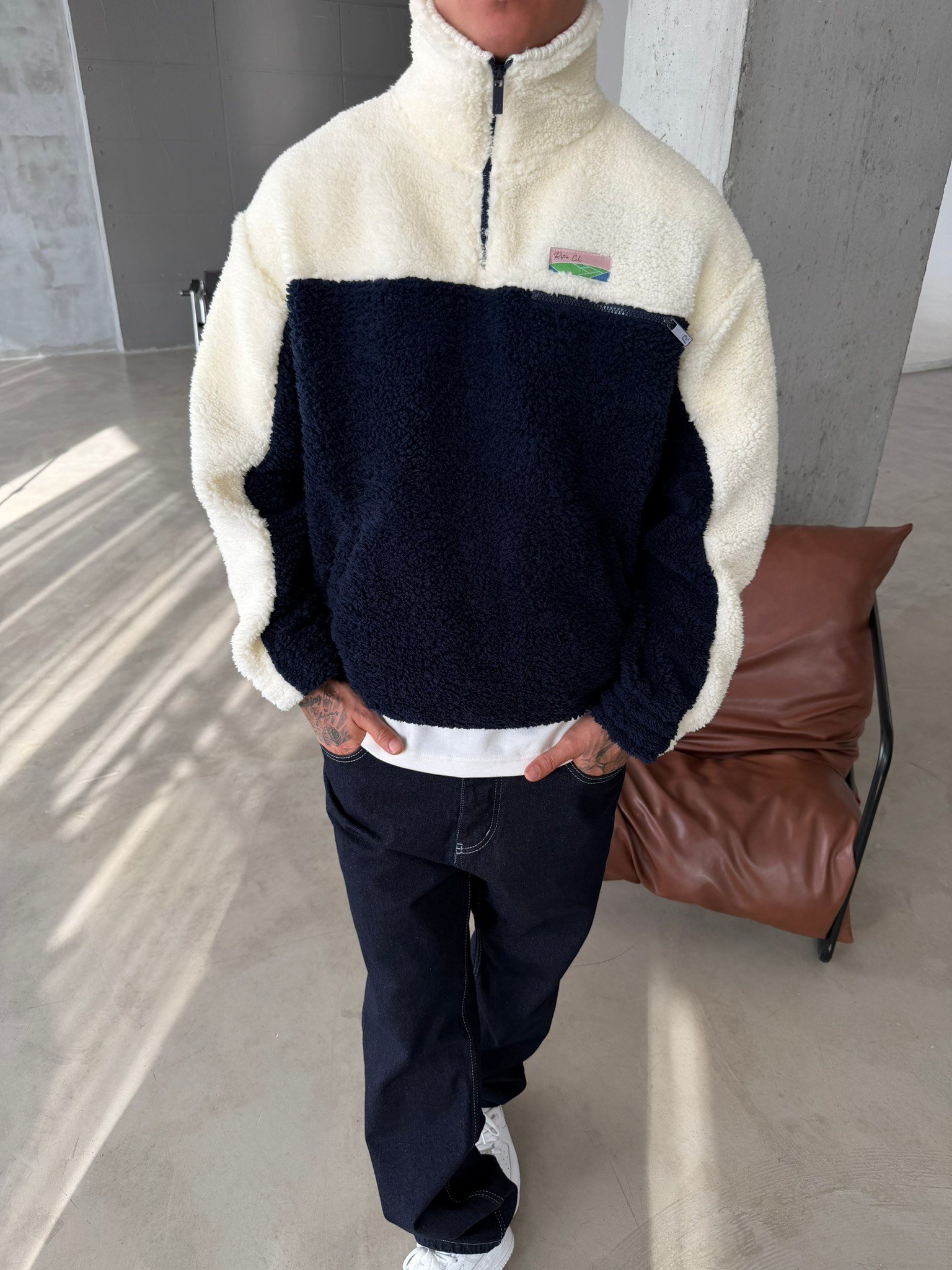 Premium Retro Peluş  Zip Sweat - Lacivert