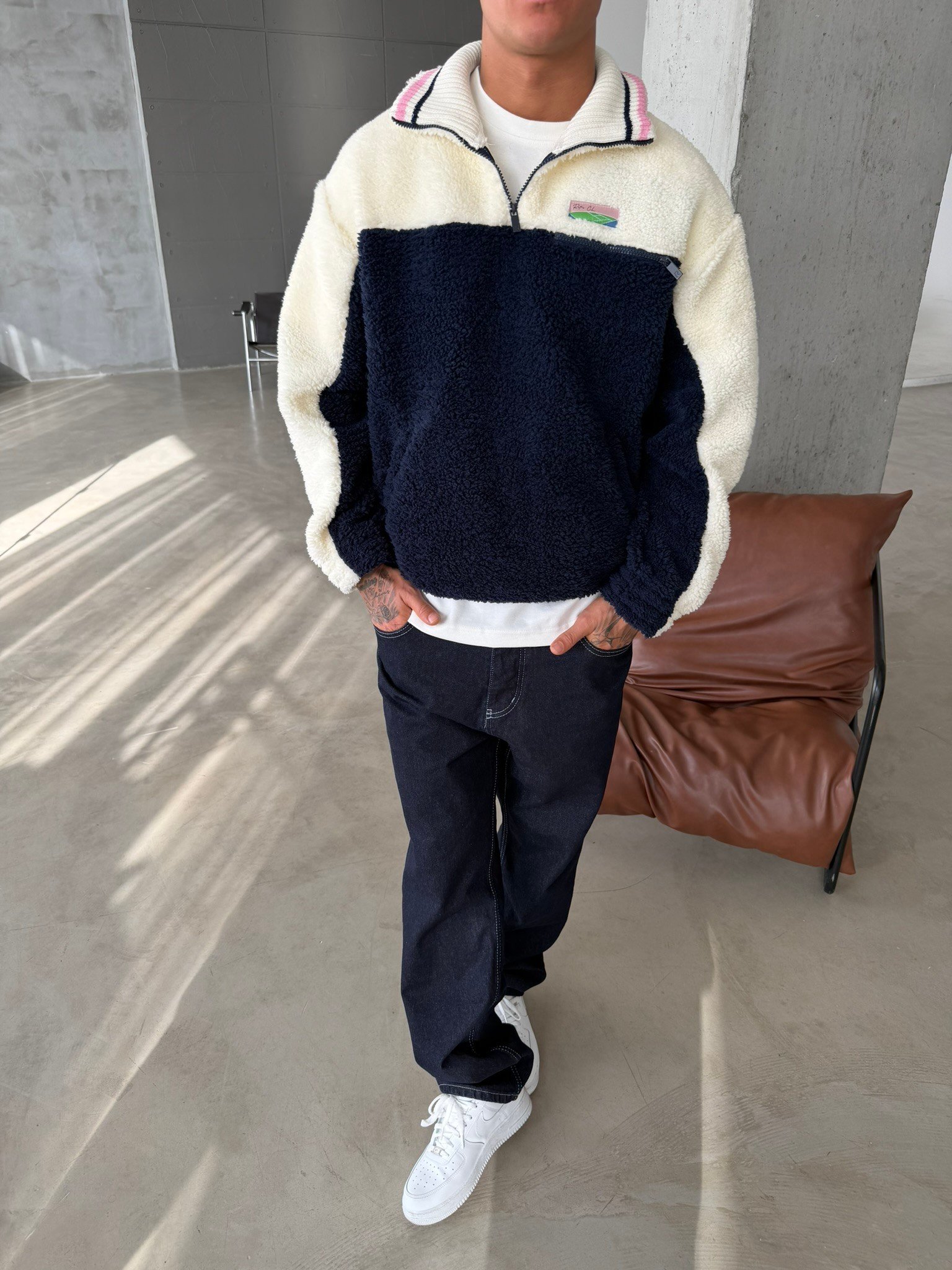 Premium Retro Peluş  Zip Sweat - Lacivert