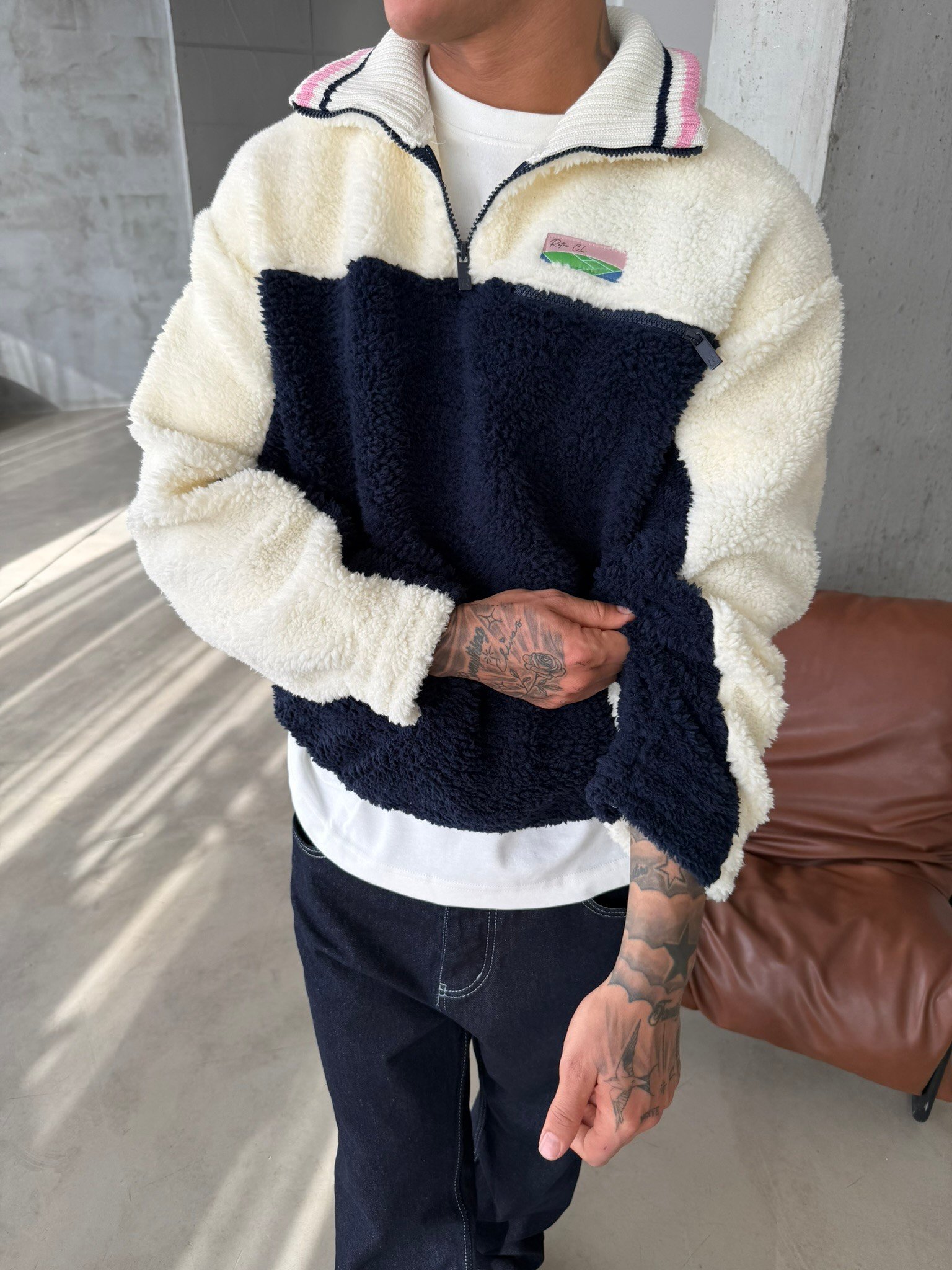 Premium Retro Peluş  Zip Sweat - Lacivert