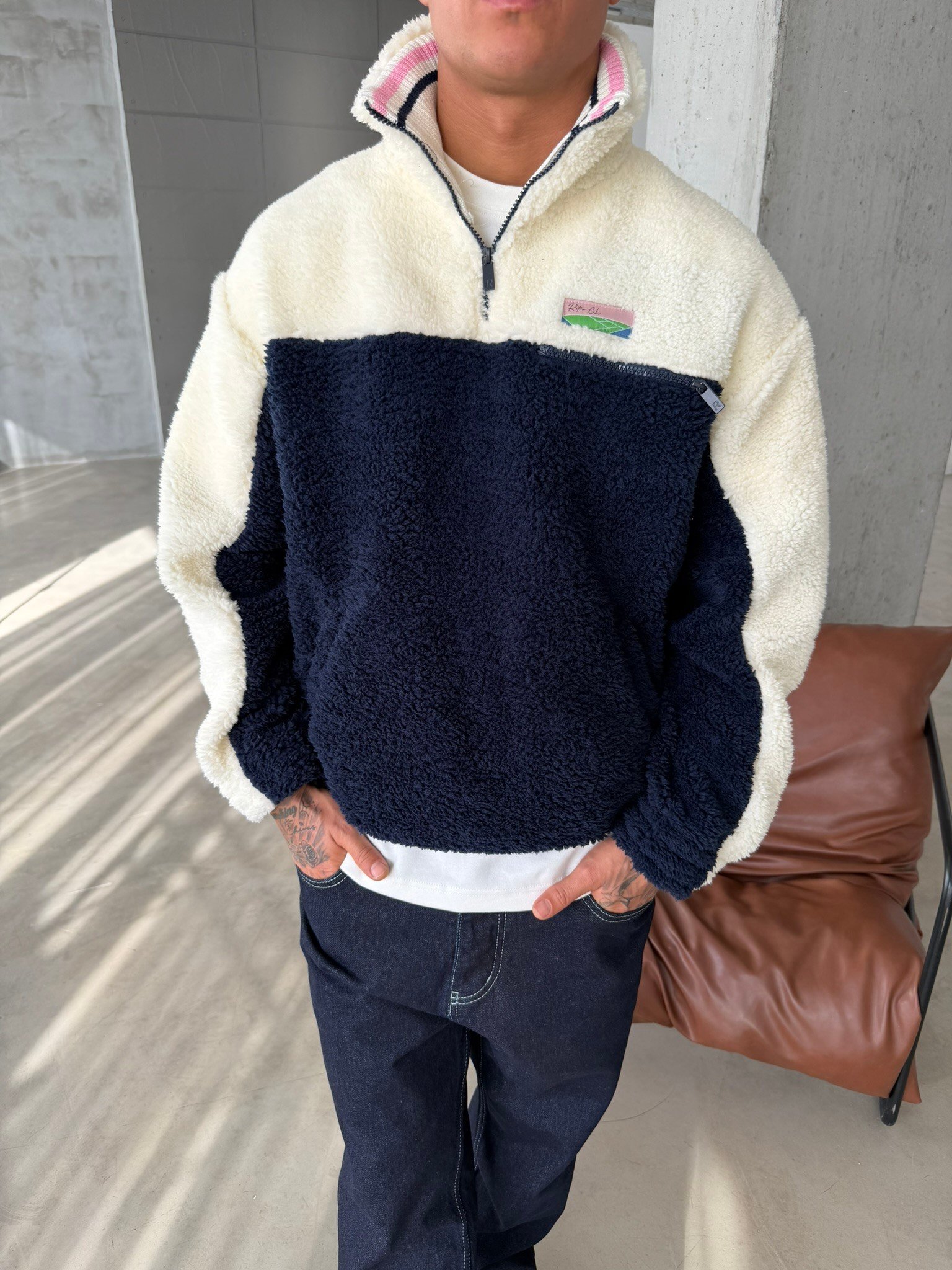 Premium Retro Peluş  Zip Sweat - Lacivert