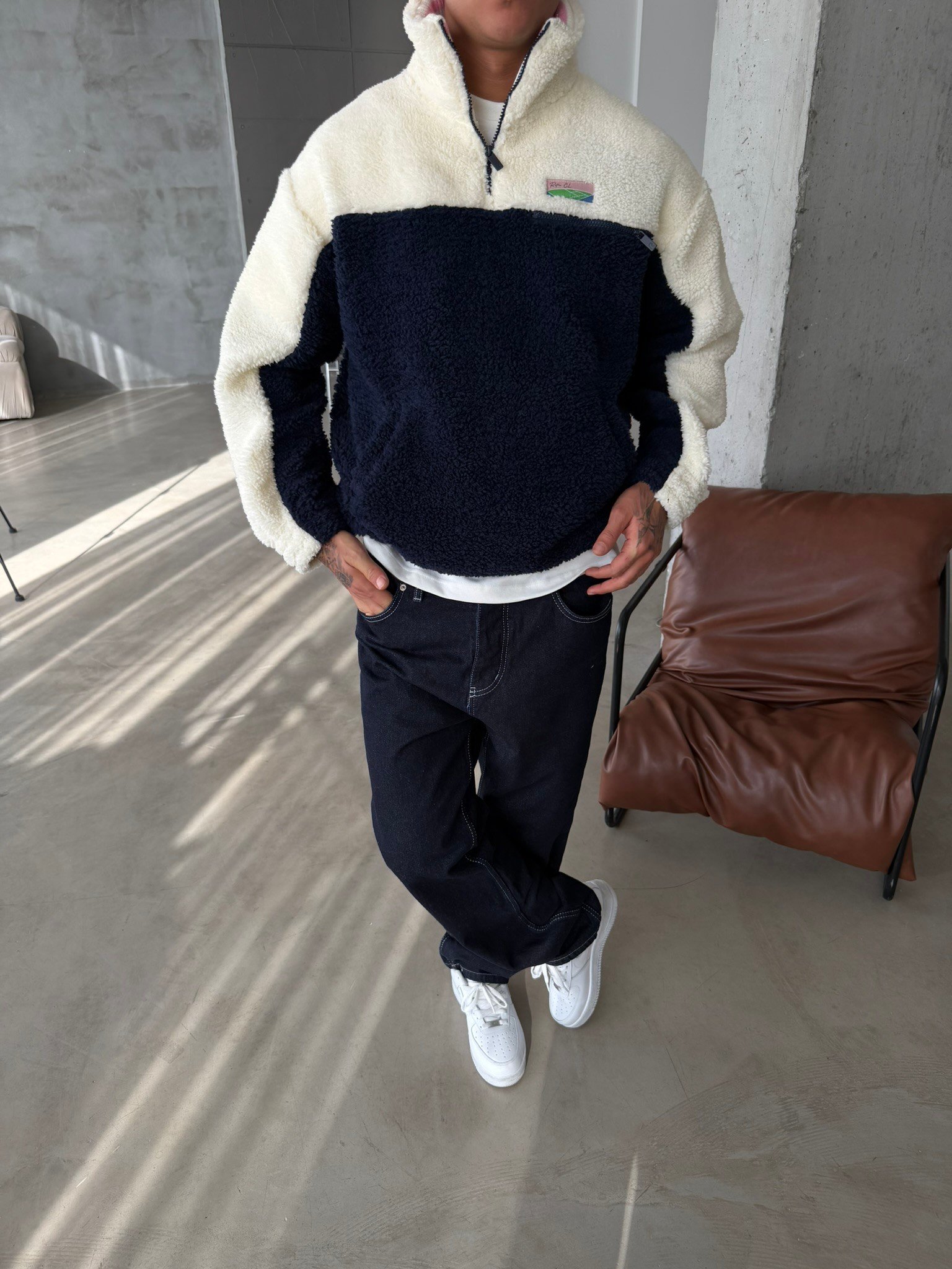 Premium Retro Peluş  Zip Sweat - Lacivert