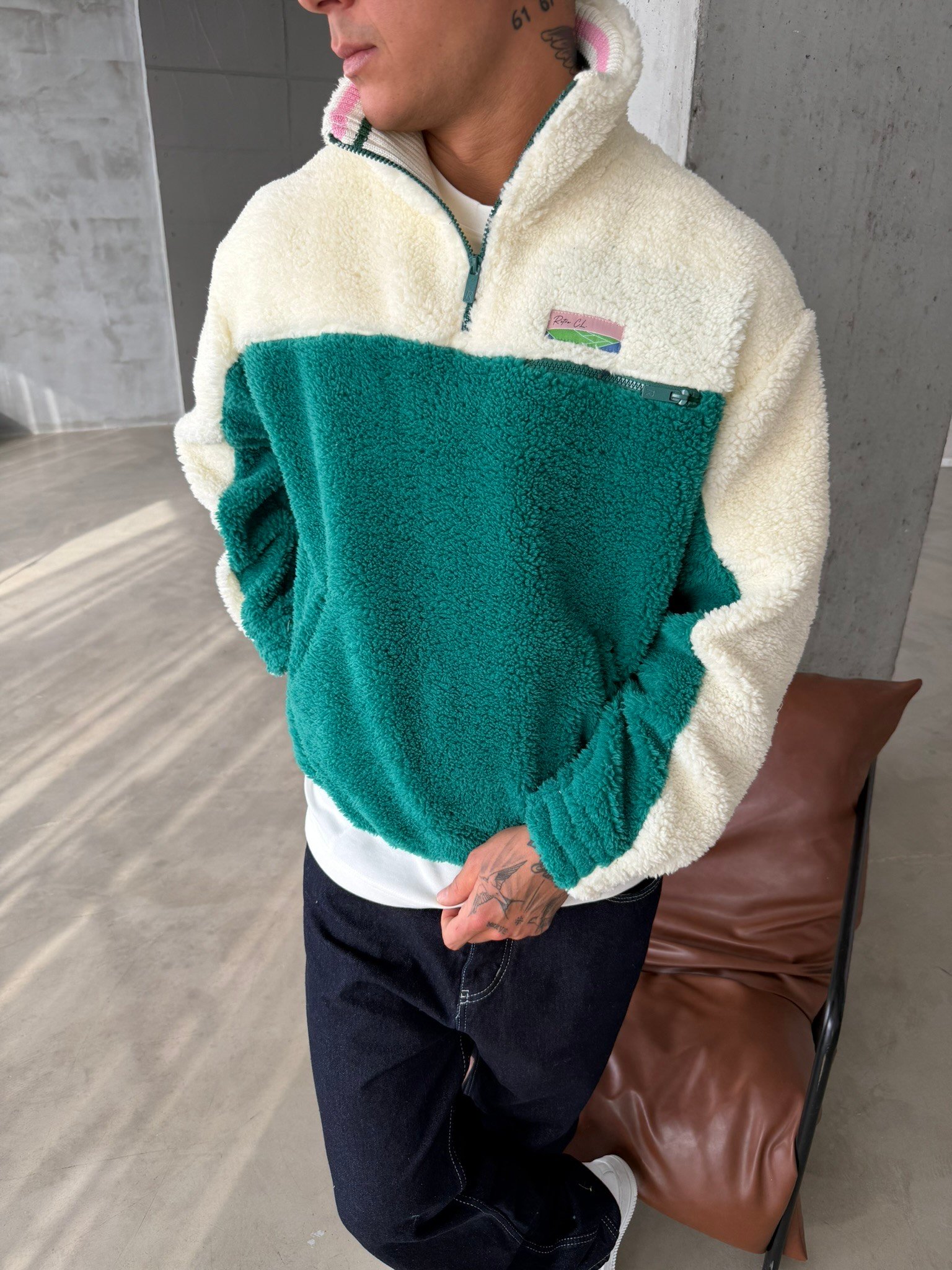 Premium Retro Peluş  Zip Sweat - Yeşil