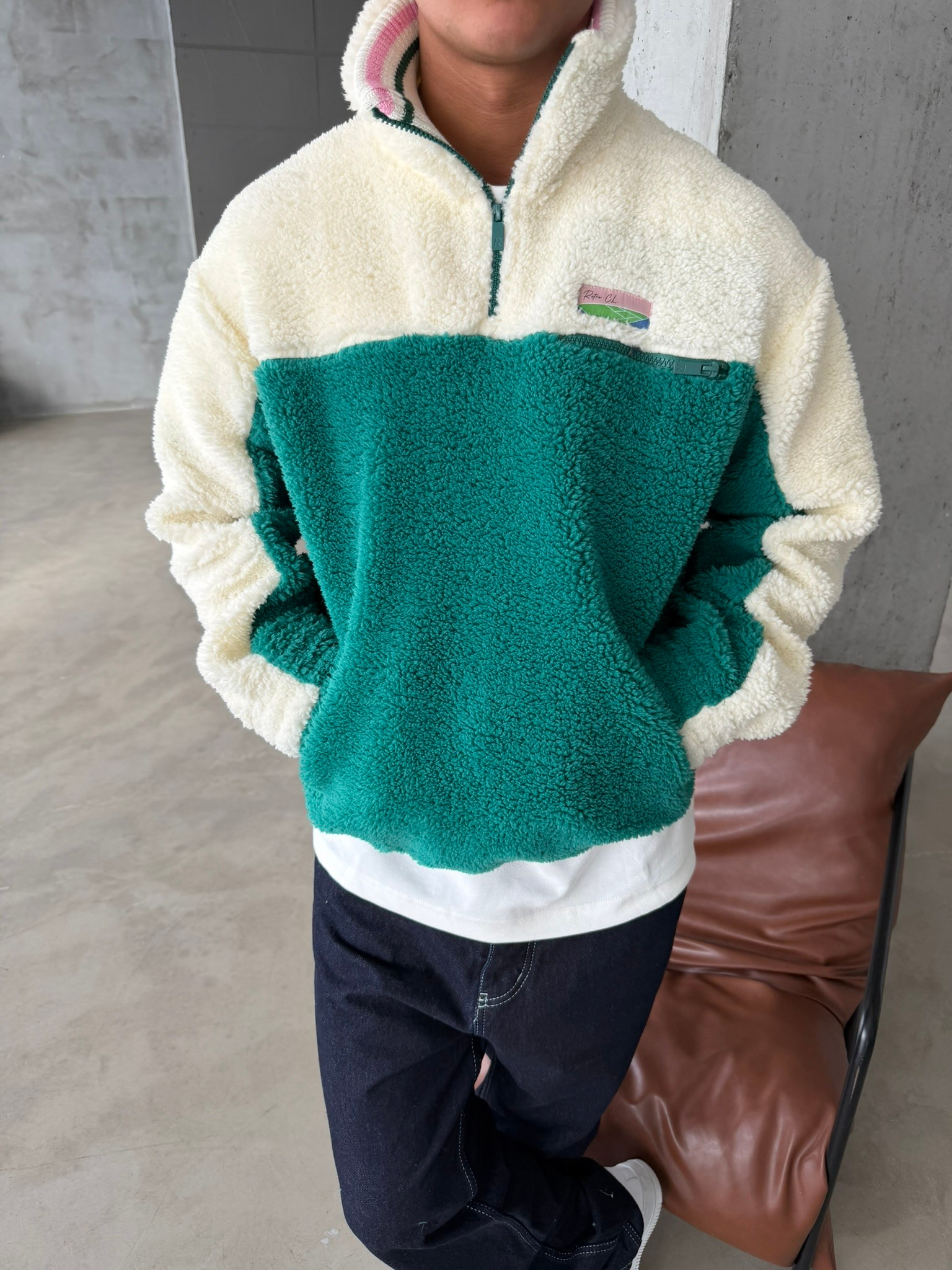 Premium Retro Peluş  Zip Sweat - Yeşil