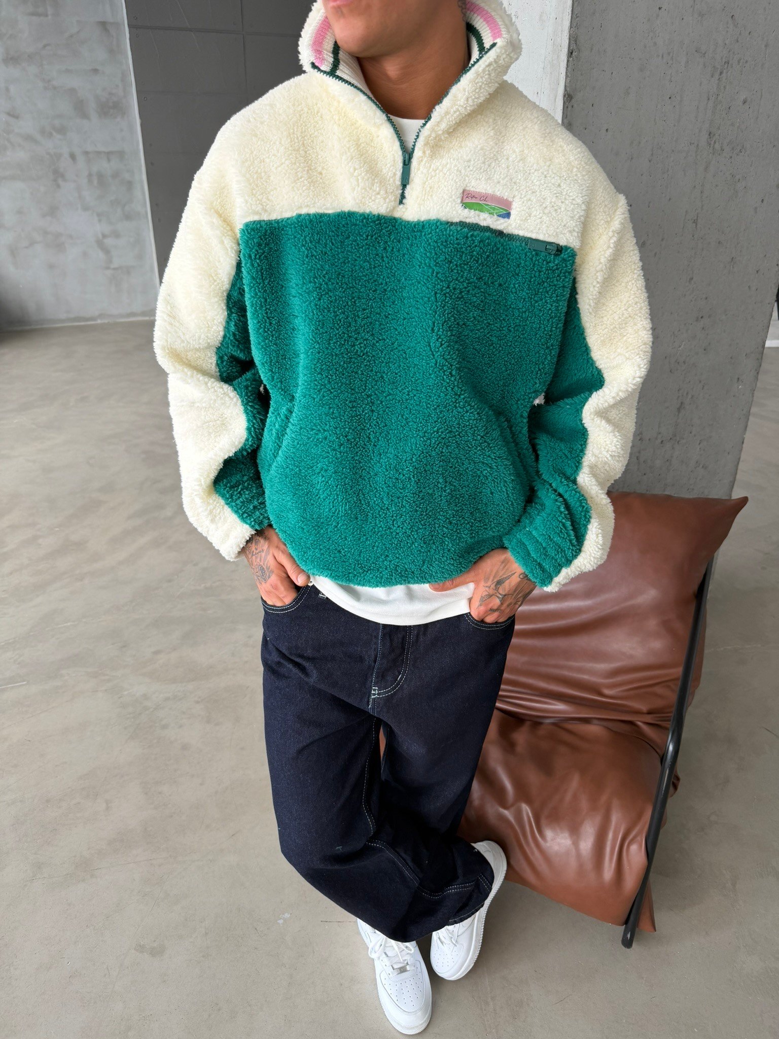 Premium Retro Peluş  Zip Sweat - Yeşil