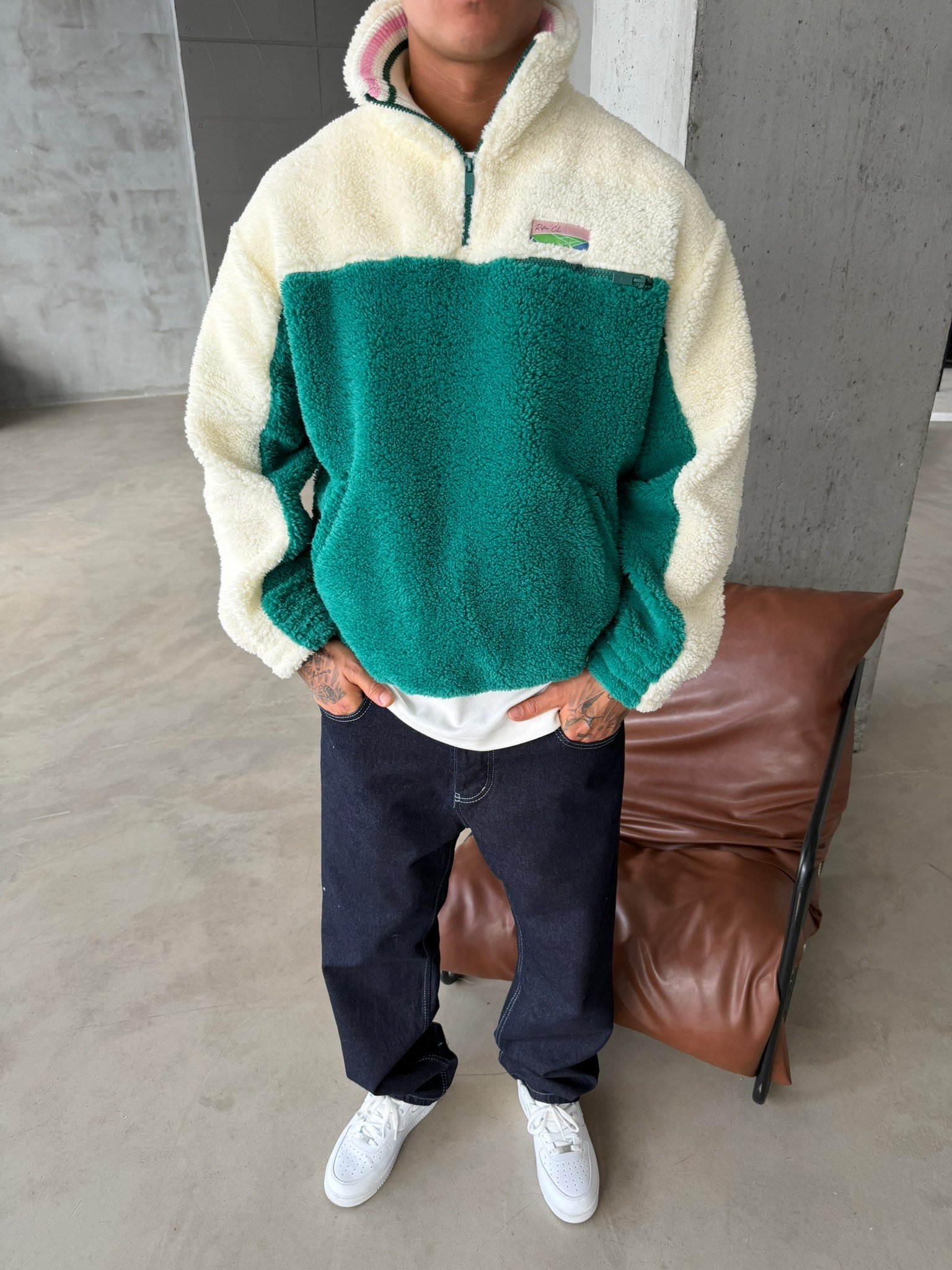 Premium Retro Peluş  Zip Sweat - Yeşil